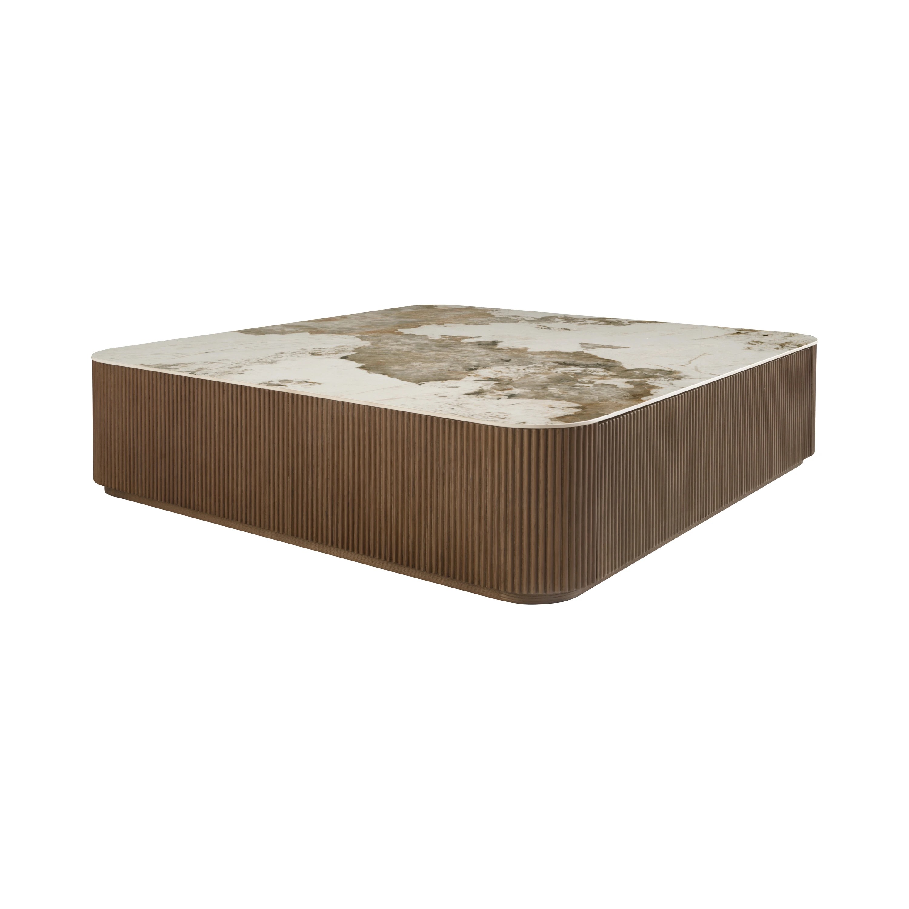Table basse carrée en porcelaine, marbre et noyer