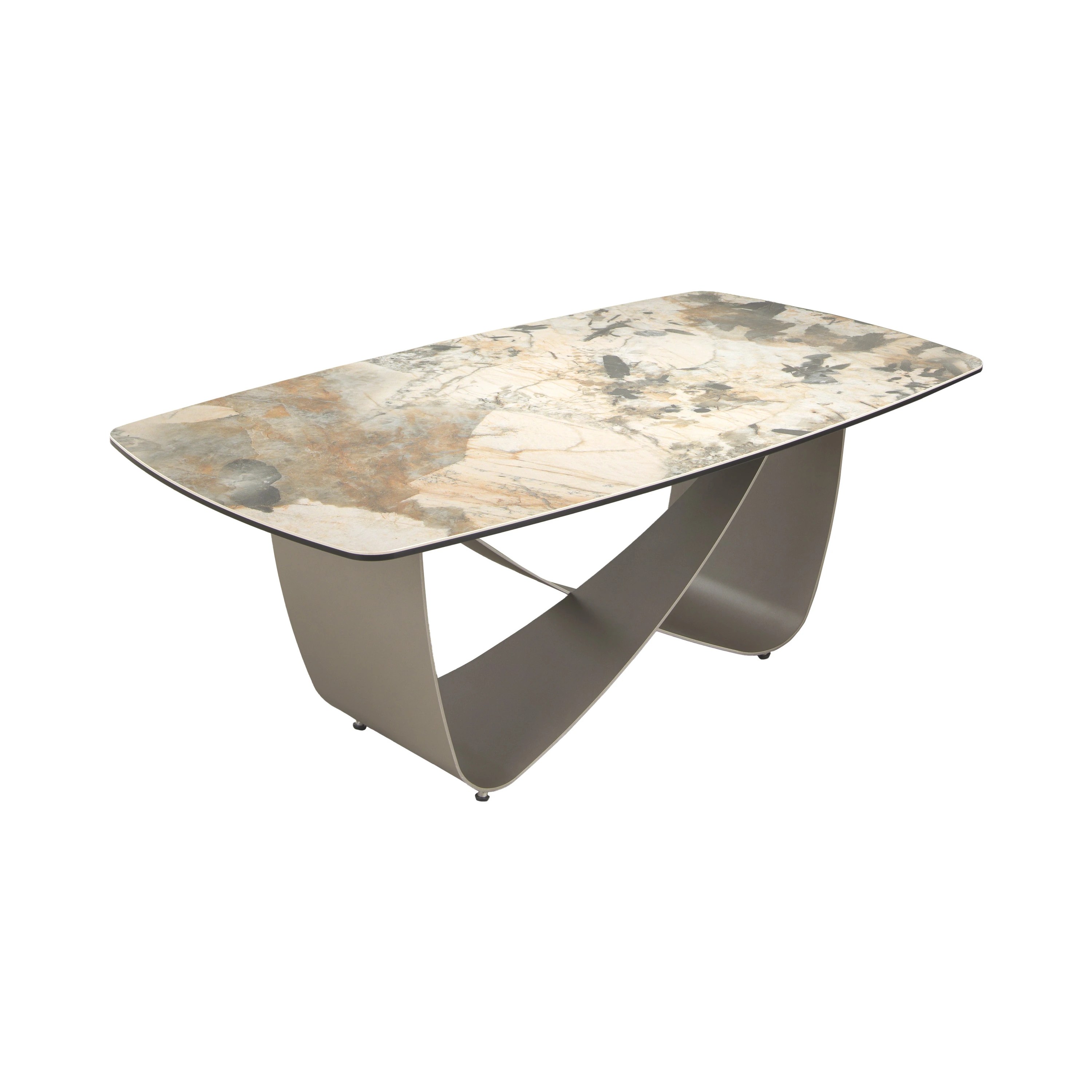 Table basse ovale en marbre porcelaine et acier métallique taupe