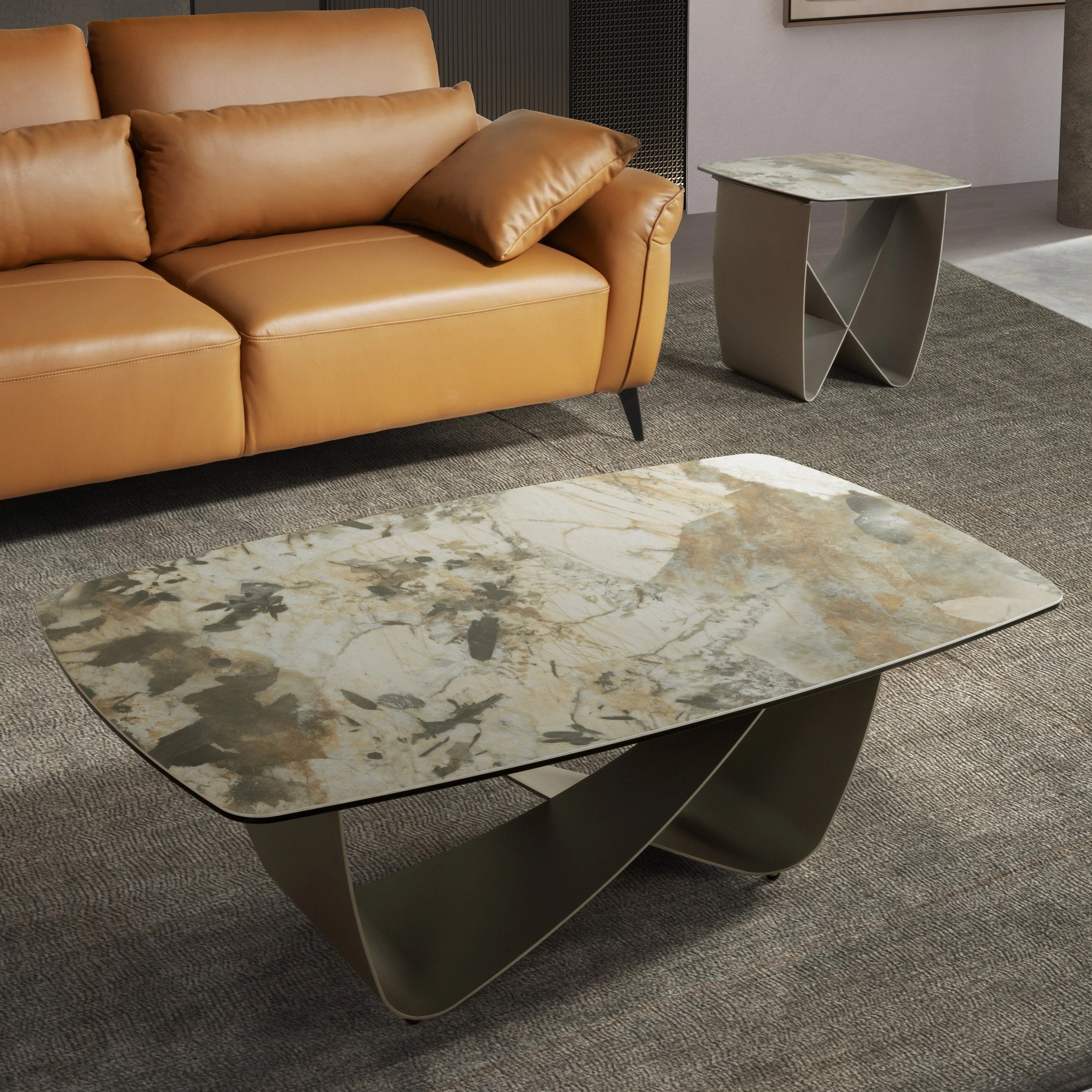 Table basse ovale en marbre porcelaine et acier métallique taupe