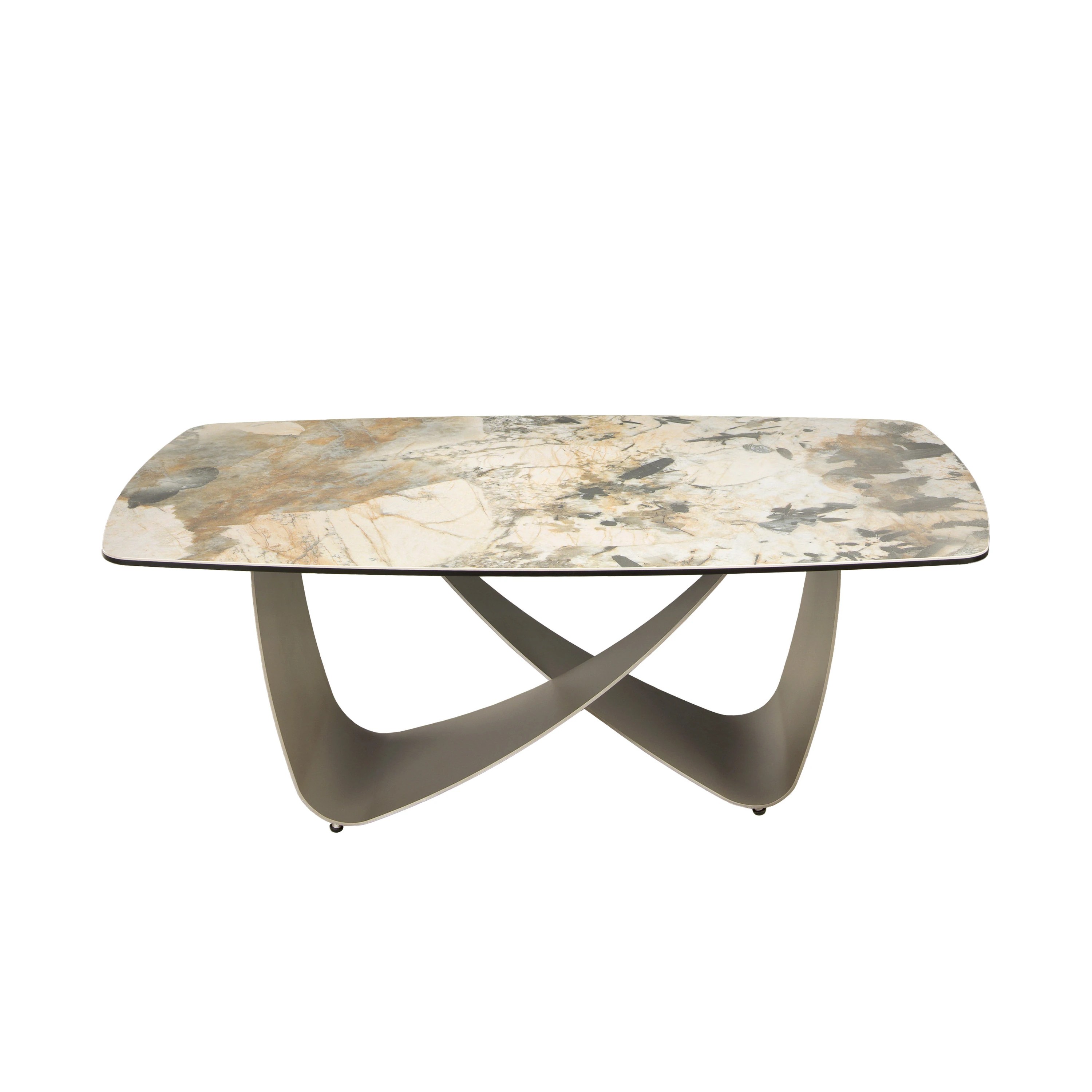 Table basse ovale en marbre porcelaine et acier métallique taupe