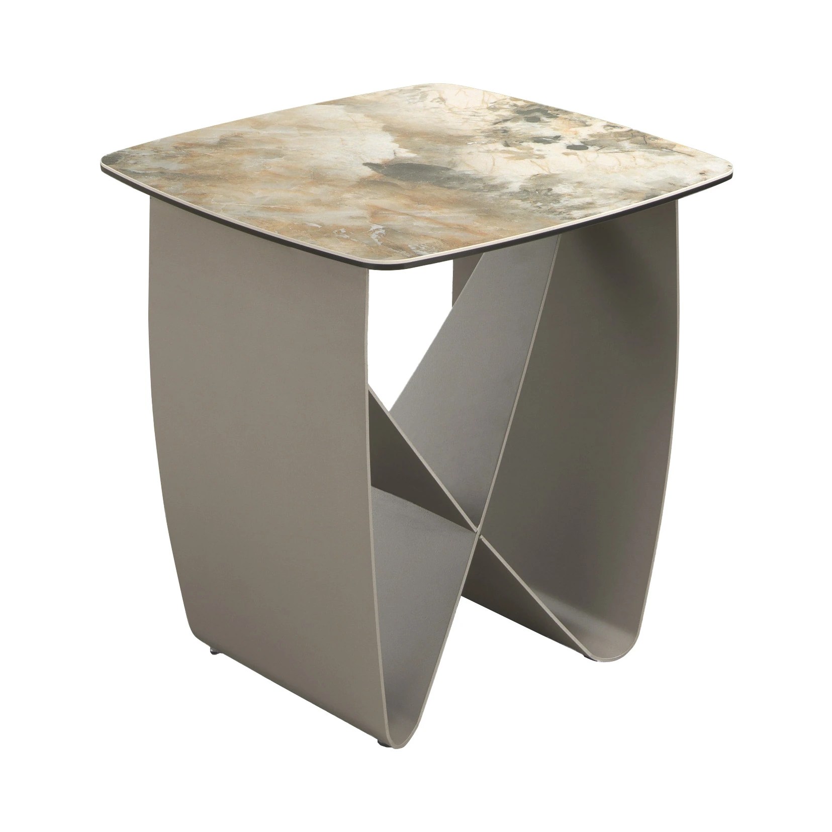 Table d'angle carrée en marbre porcelaine et acier taupe métallique