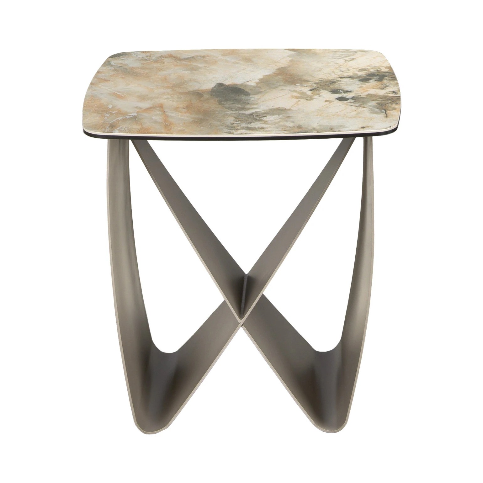 Table d'angle carrée en marbre porcelaine et acier taupe métallique