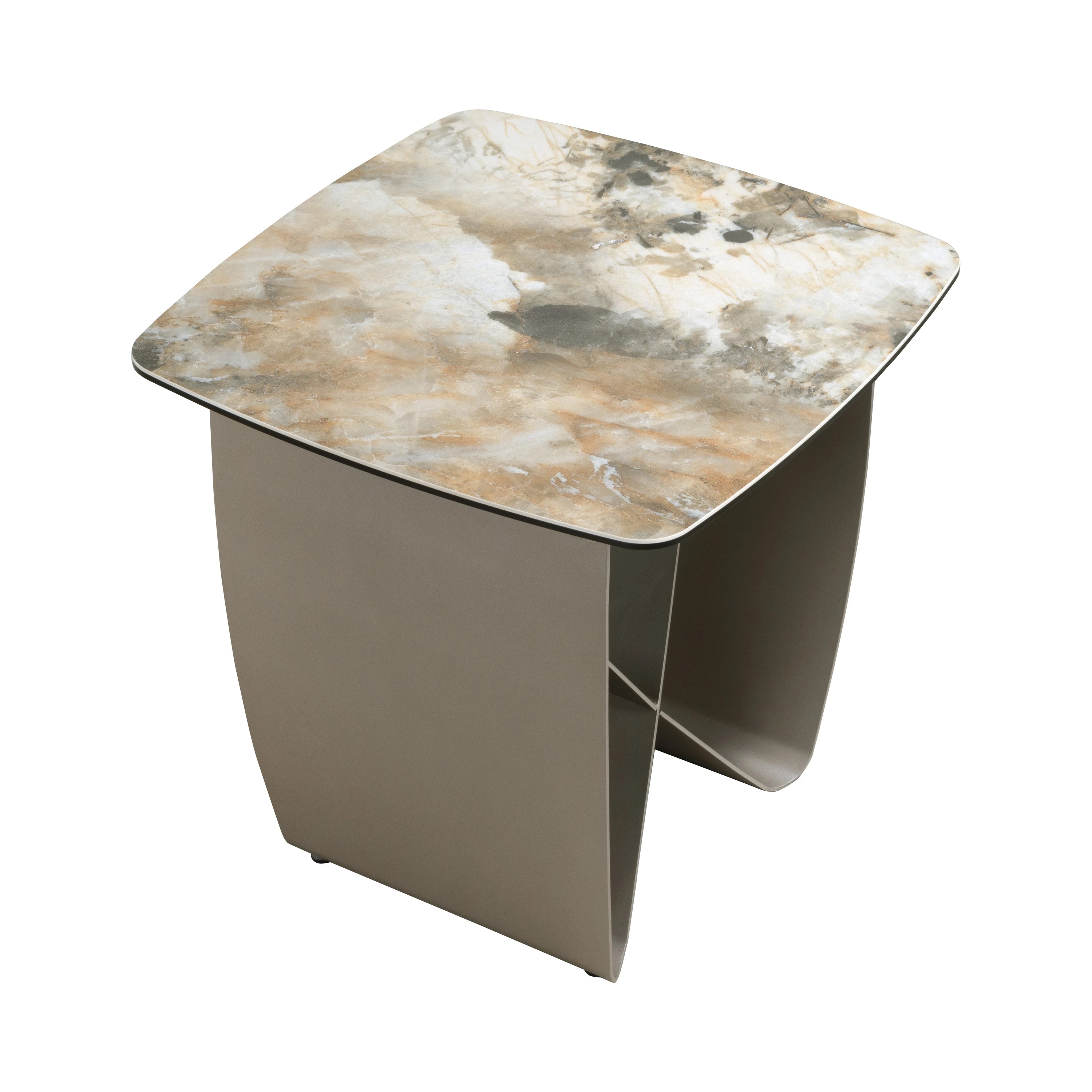 Table d'angle carrée en marbre porcelaine et acier taupe métallique