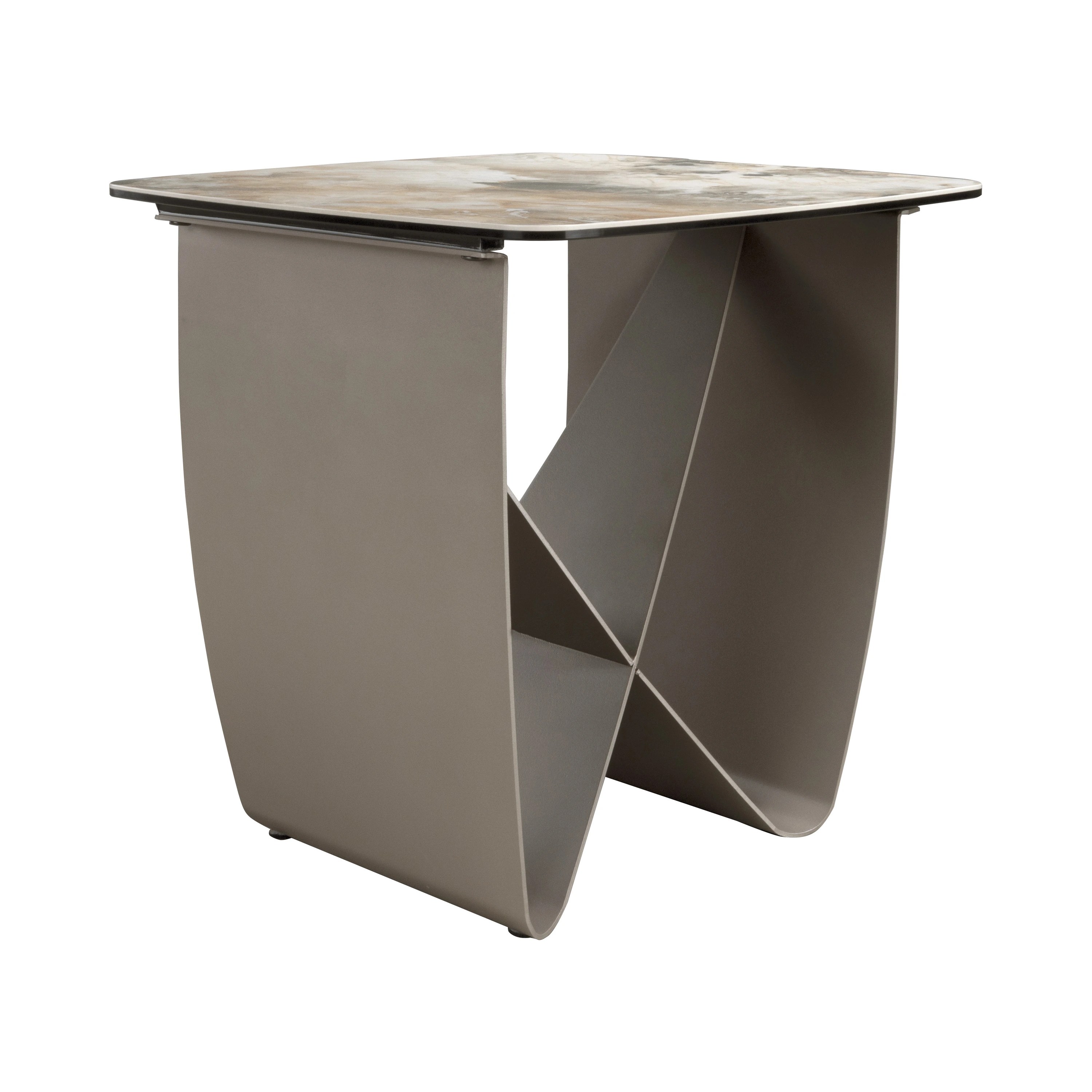 Table d'angle carrée en marbre porcelaine et acier taupe métallique