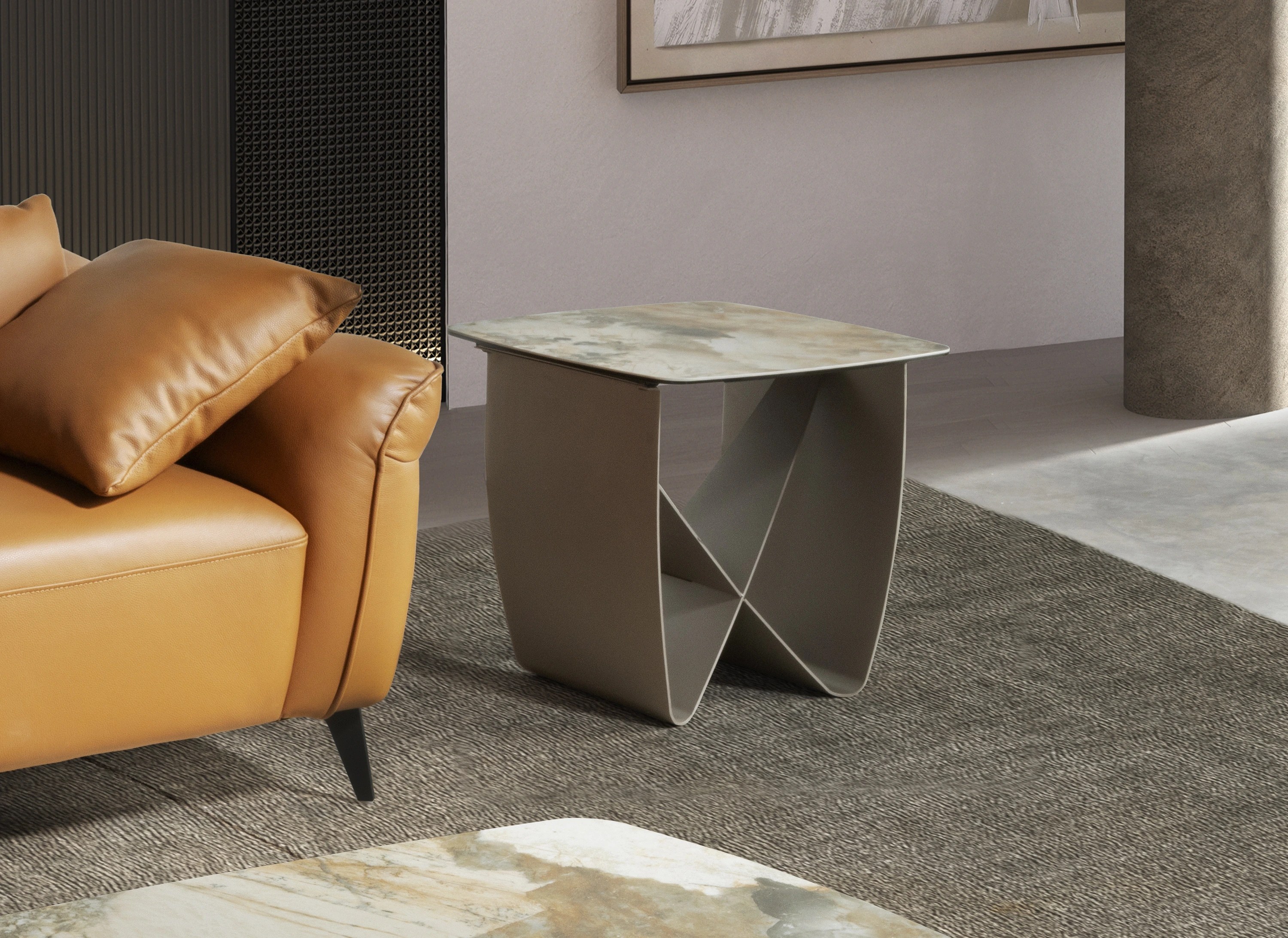 Table d'angle carrée en marbre porcelaine et acier taupe métallique