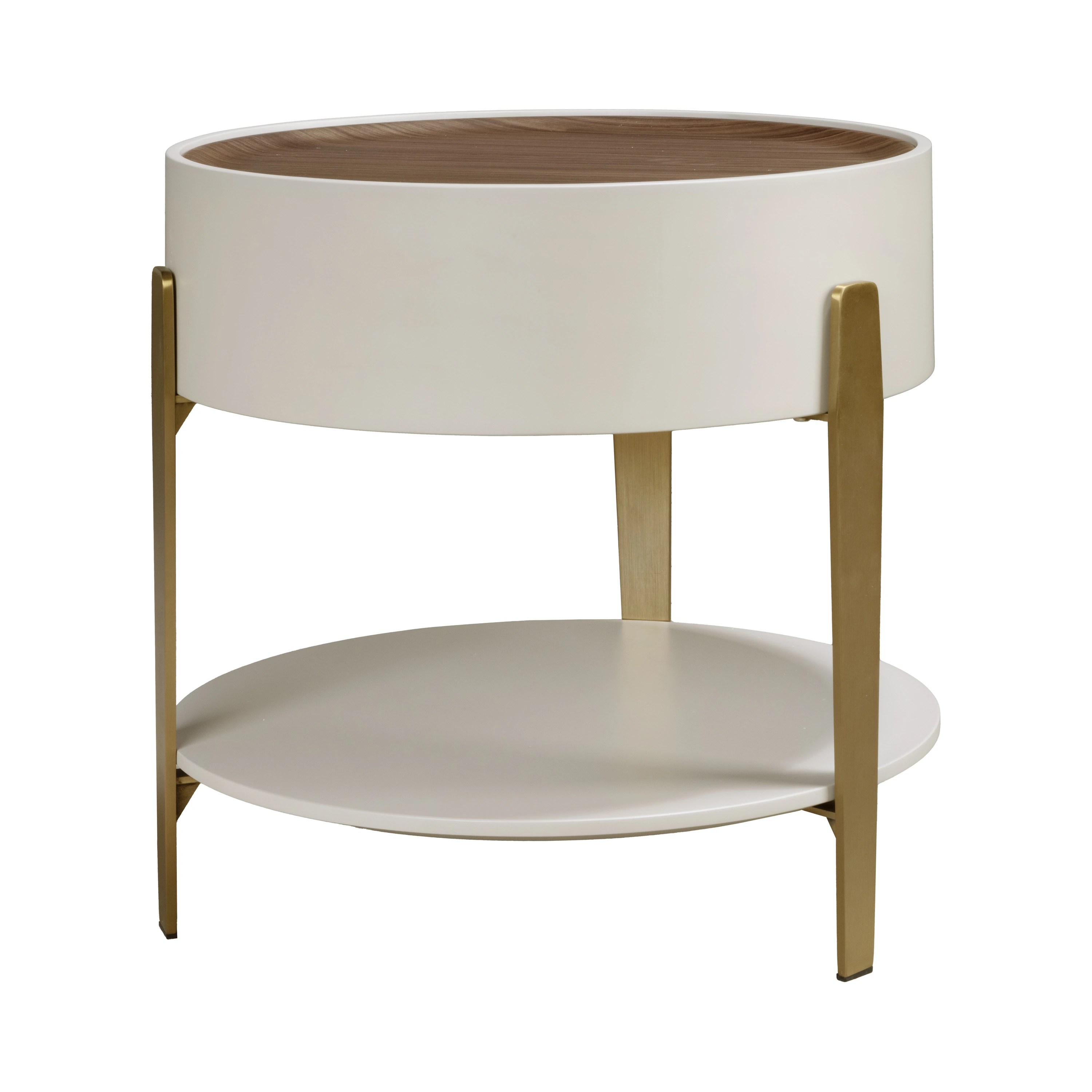Table d'angle ronde en noyer, bois beige et acier poli plaqué or