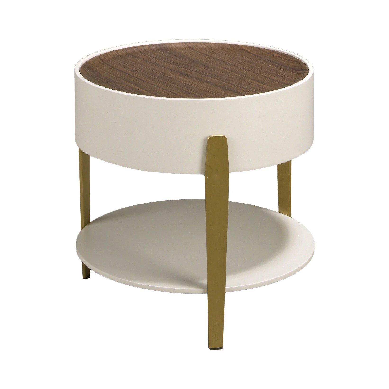 Table d'angle ronde en noyer, bois beige et acier poli plaqué or