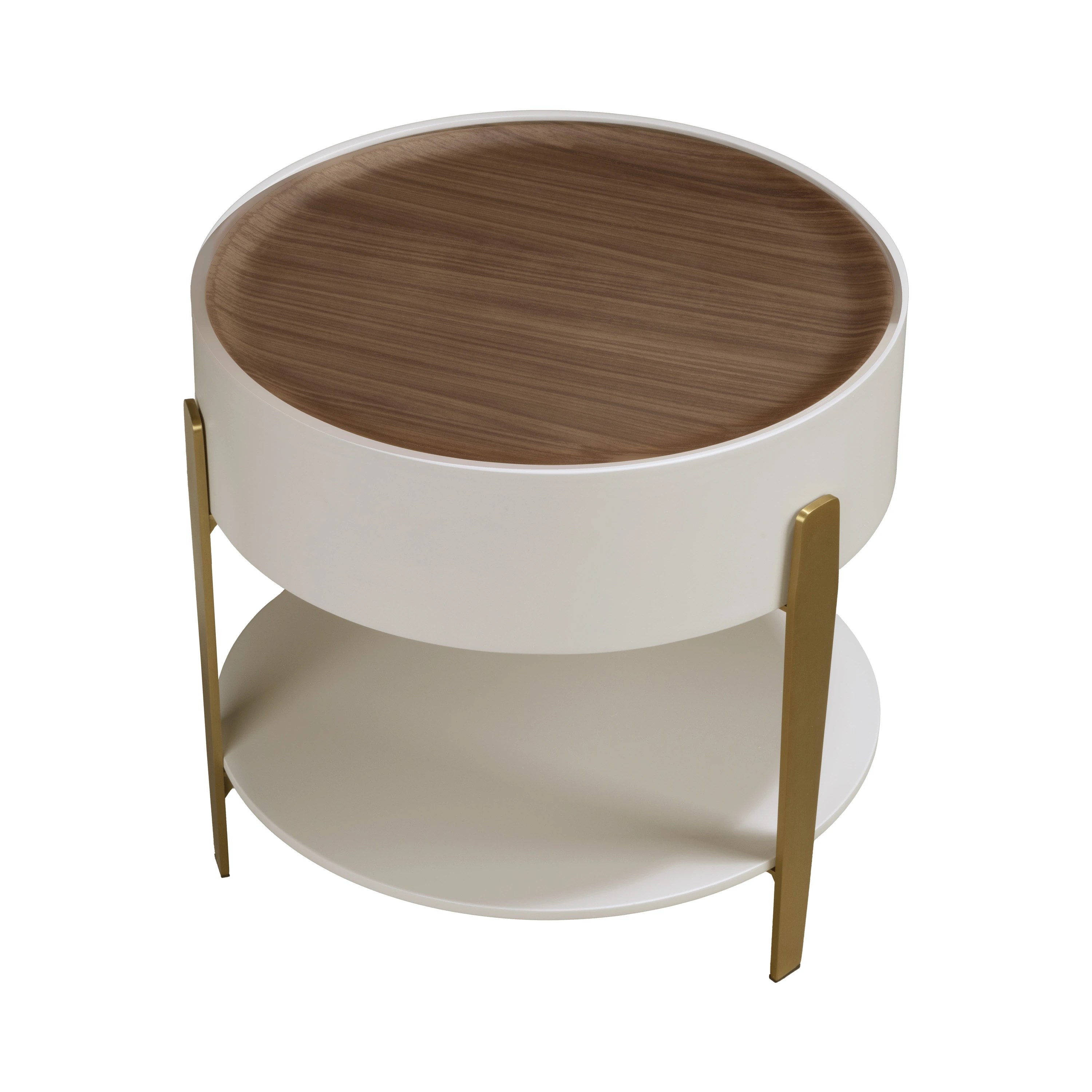 Table d'angle ronde en noyer, bois beige et acier poli plaqué or