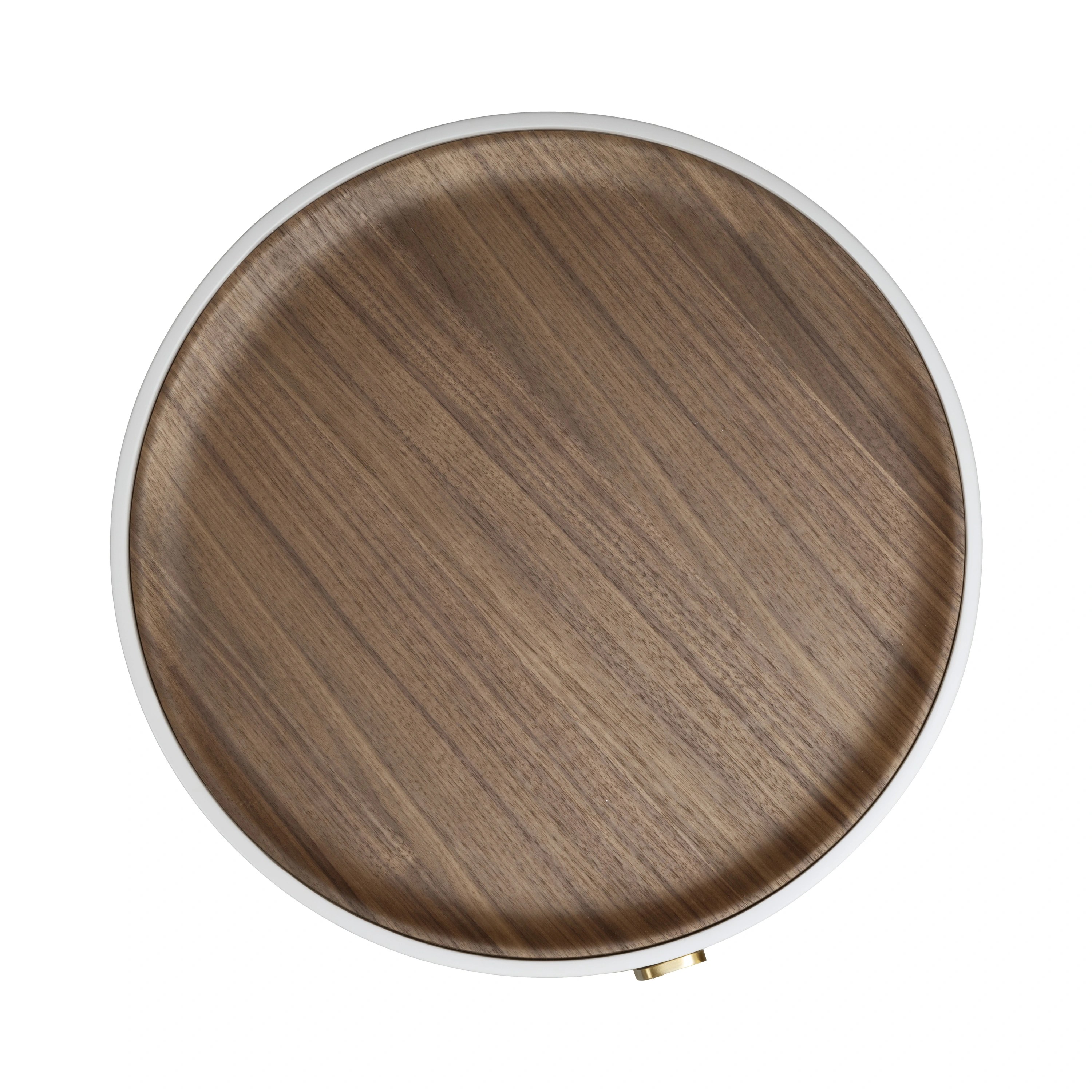 Table d'angle ronde en noyer, bois beige et acier poli plaqué or