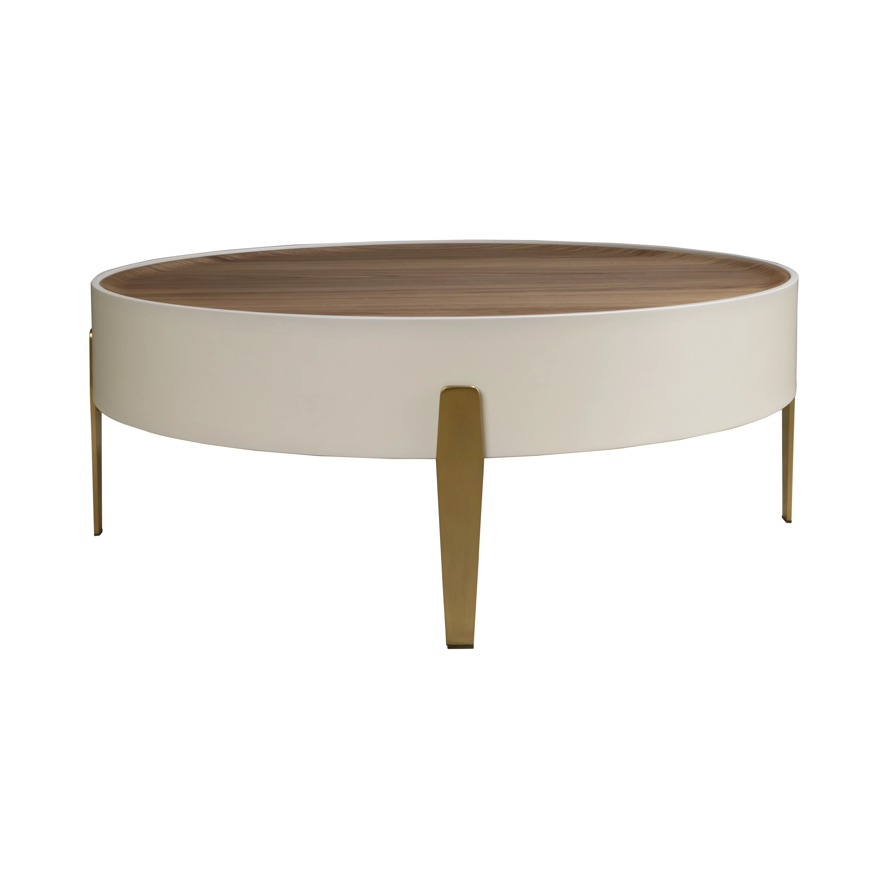 Table basse ronde en noyer, bois beige et acier poli doré