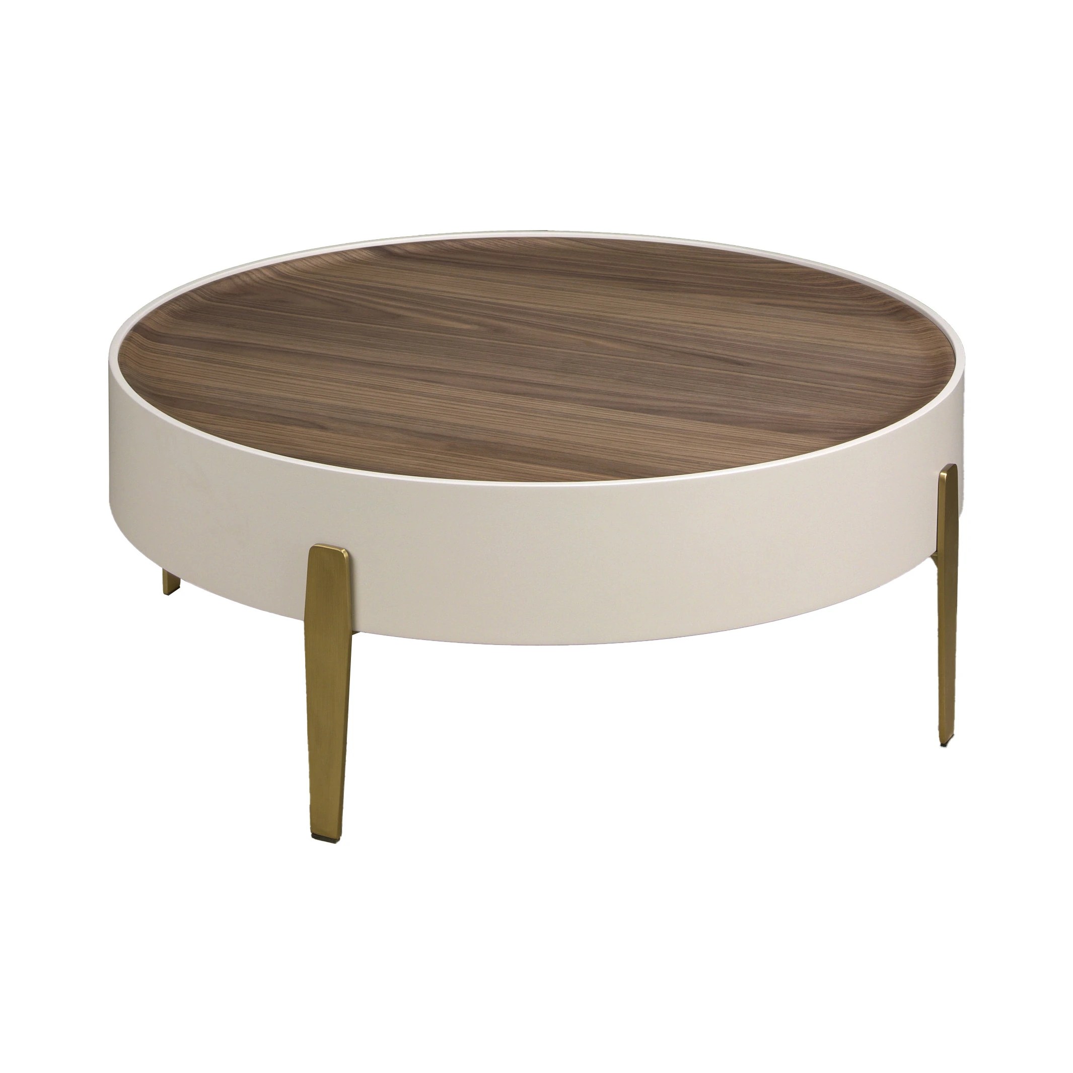 Table basse ronde en noyer, bois beige et acier poli doré