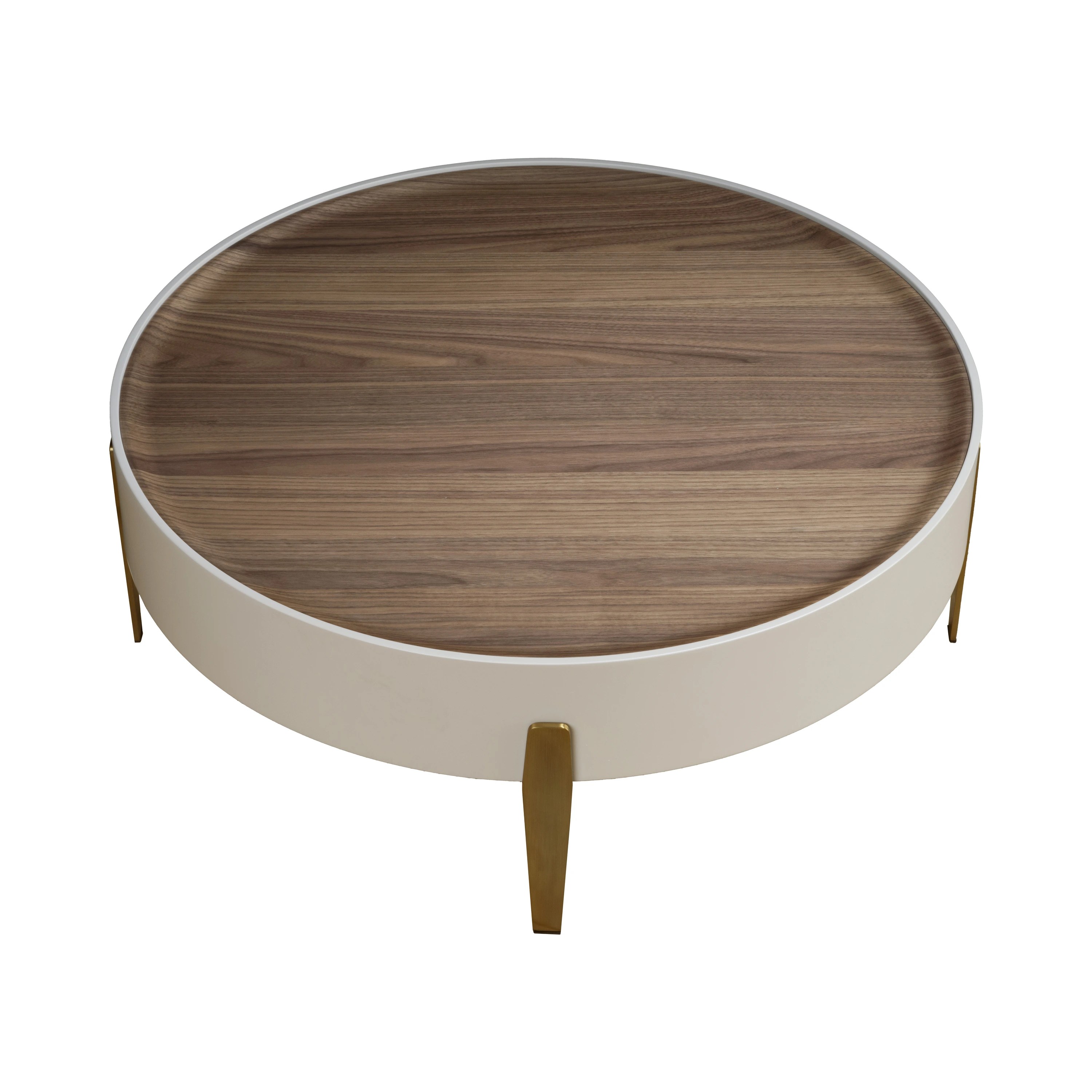 Table basse ronde en noyer, bois beige et acier poli doré
