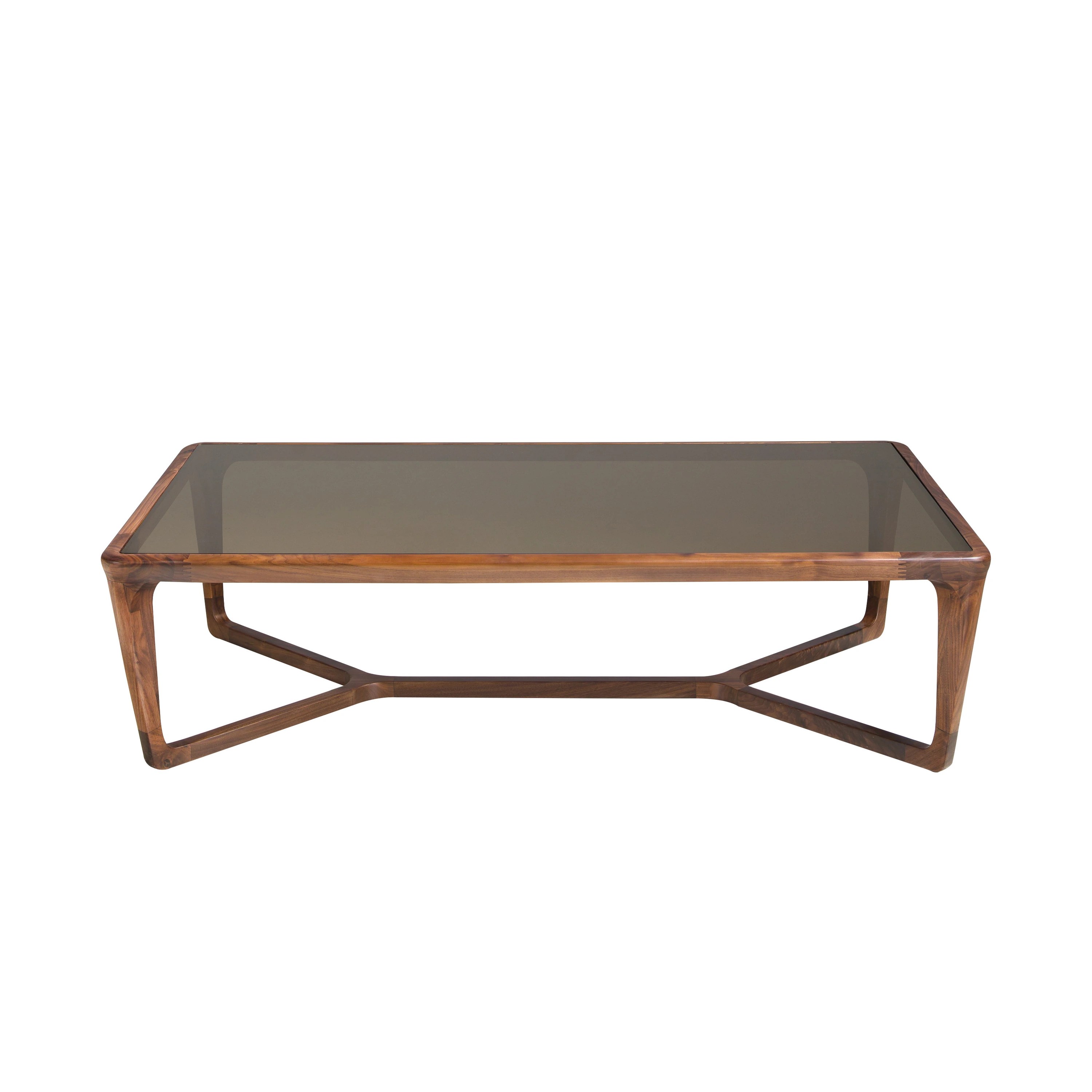 Table basse rectangulaire en verre fumé marron et noyer