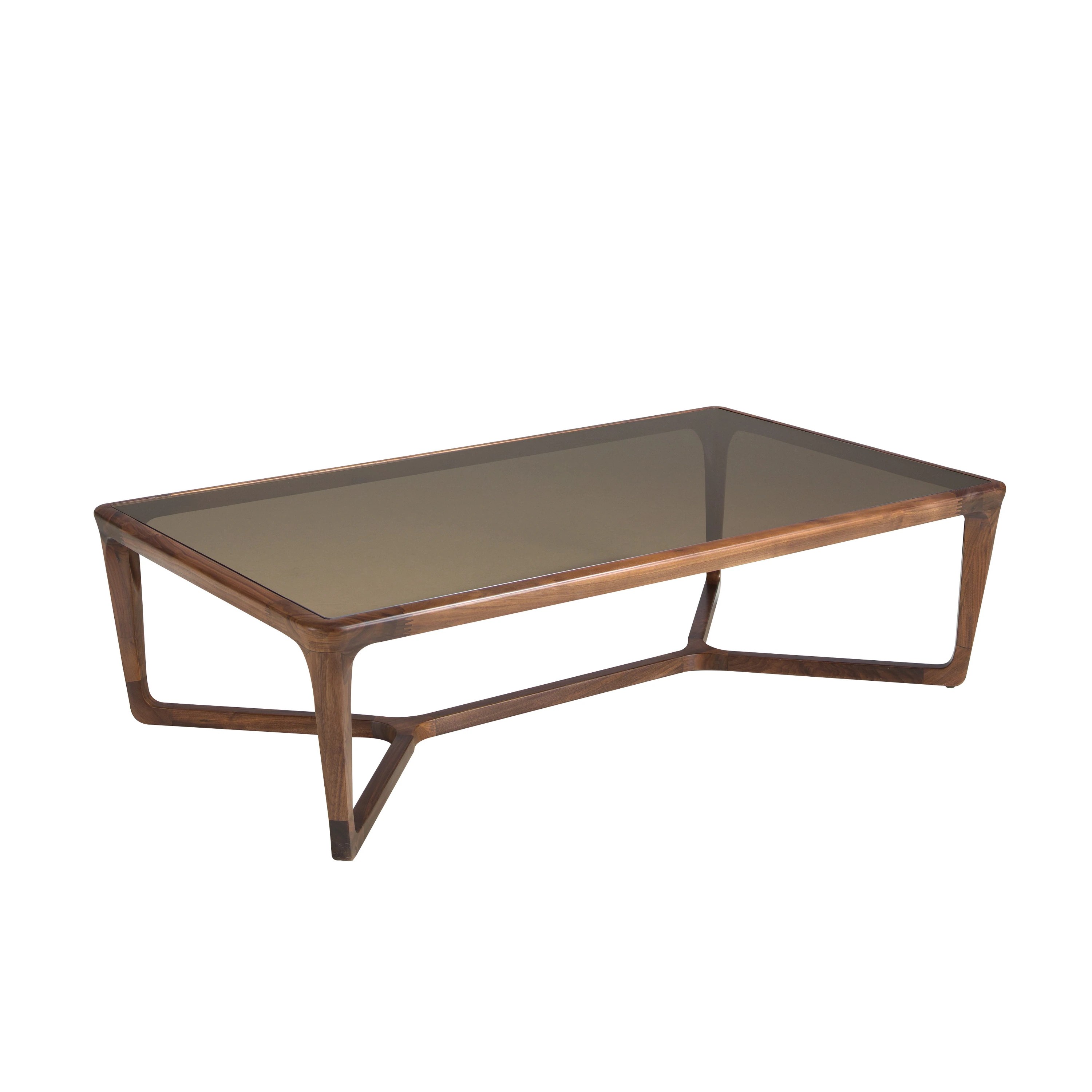 Table basse rectangulaire en verre fumé marron et noyer
