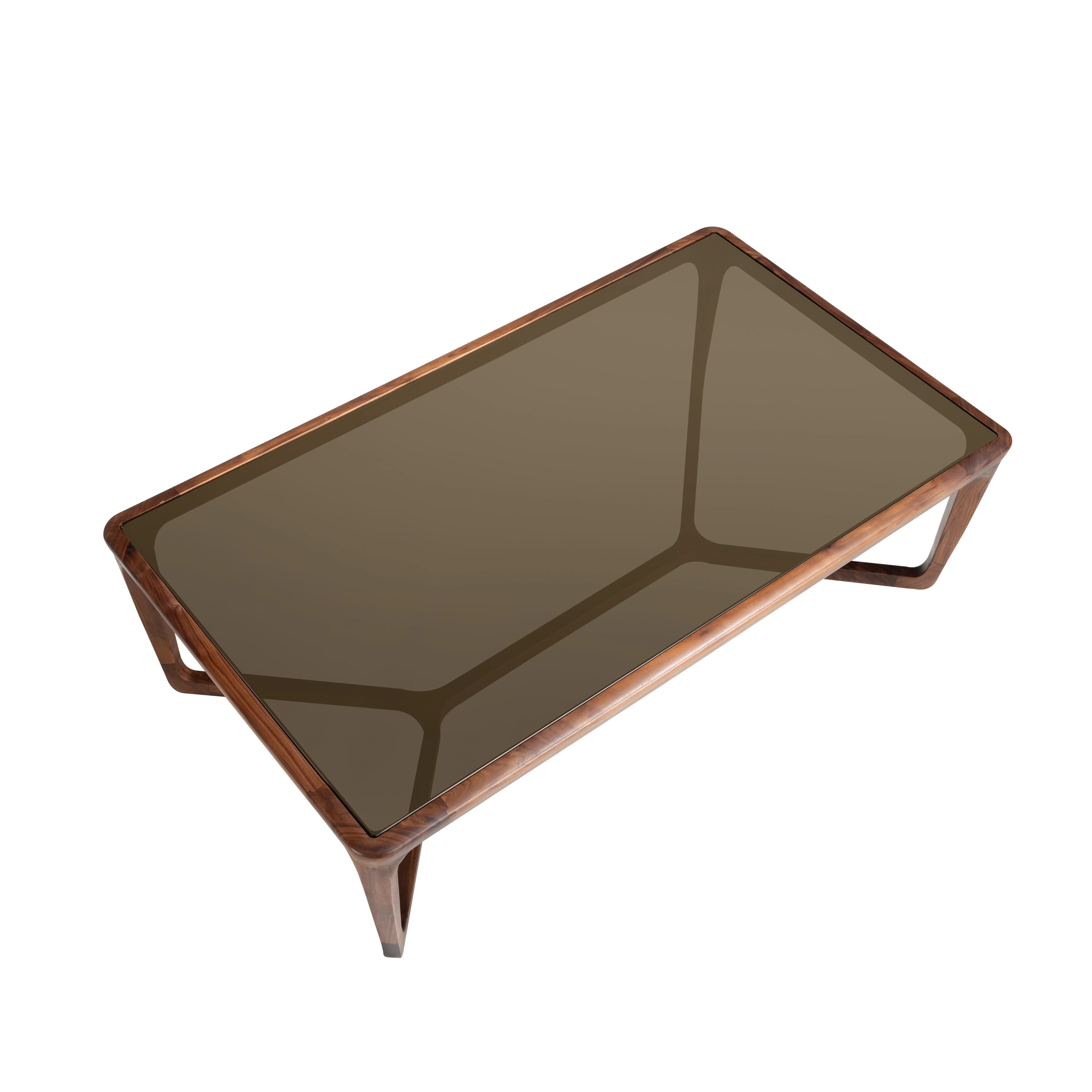 Table basse rectangulaire en verre fumé marron et noyer