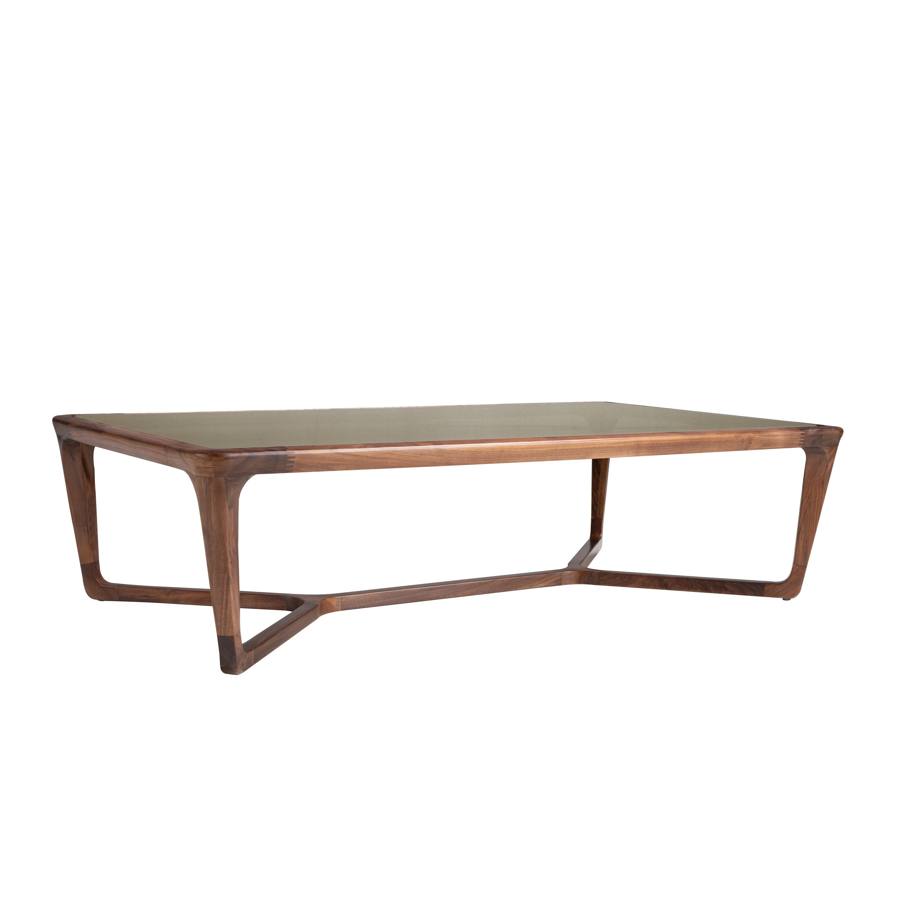 Table basse rectangulaire en verre fumé marron et noyer