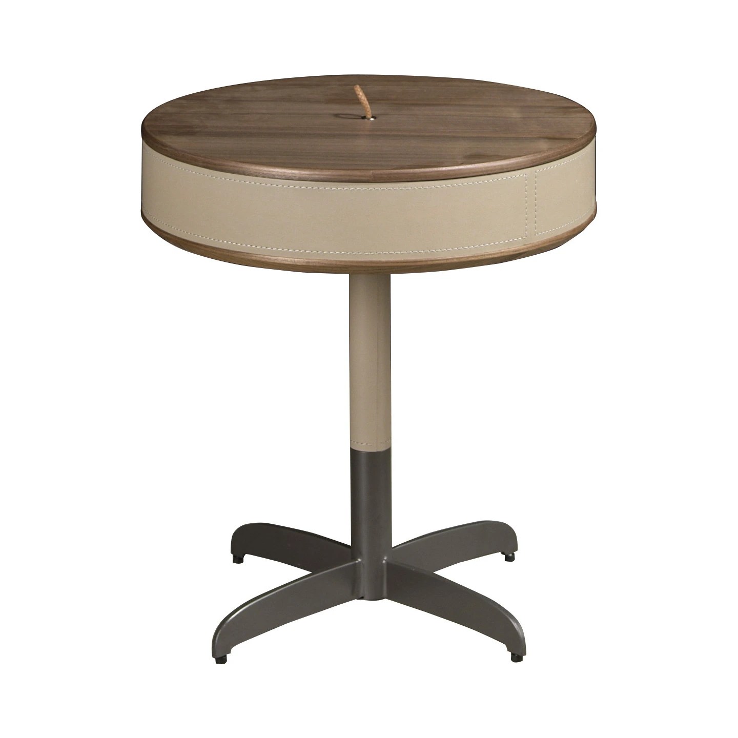 Table d'angle ronde en similicuir, noyer et acier gris