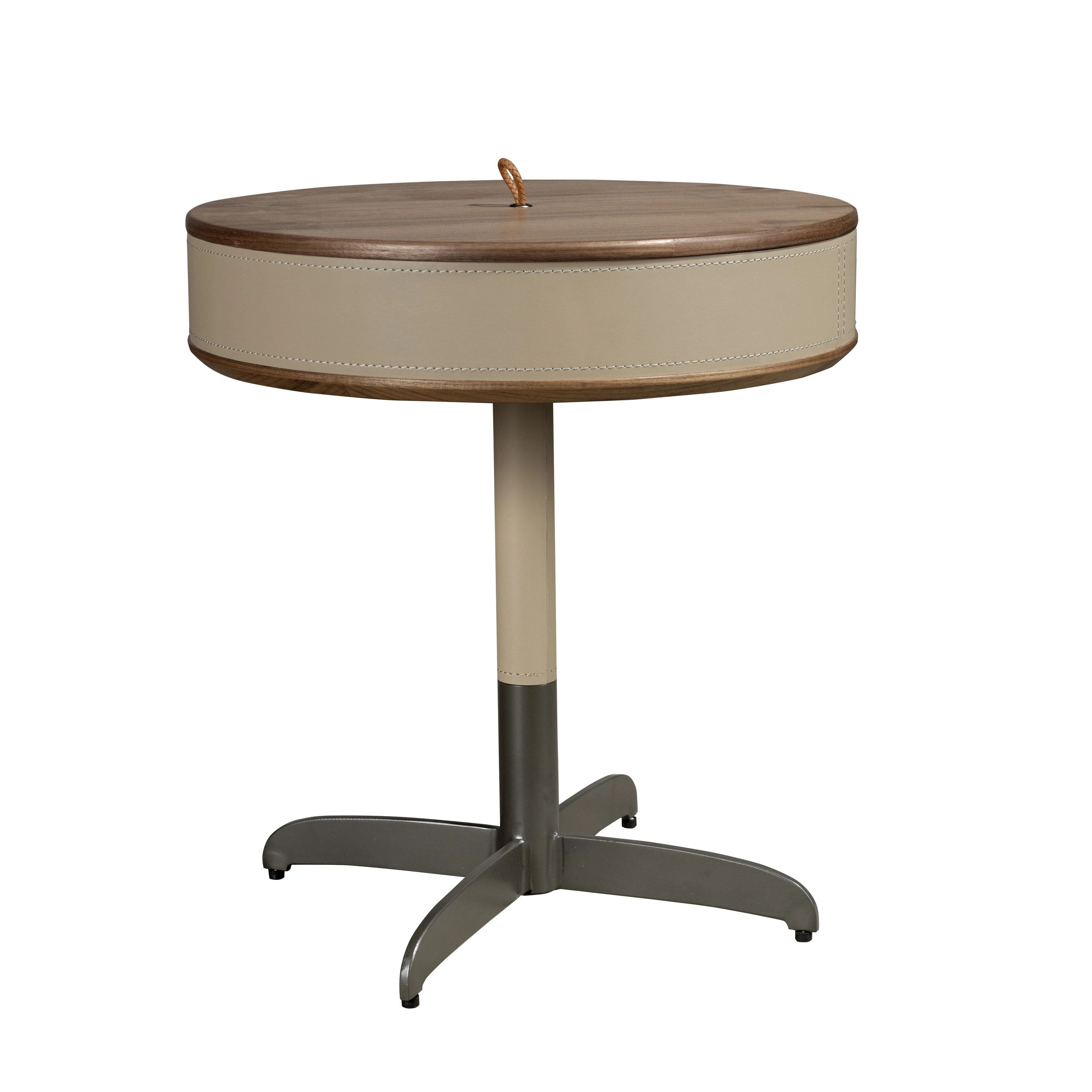 Table d'angle ronde en similicuir, noyer et acier gris