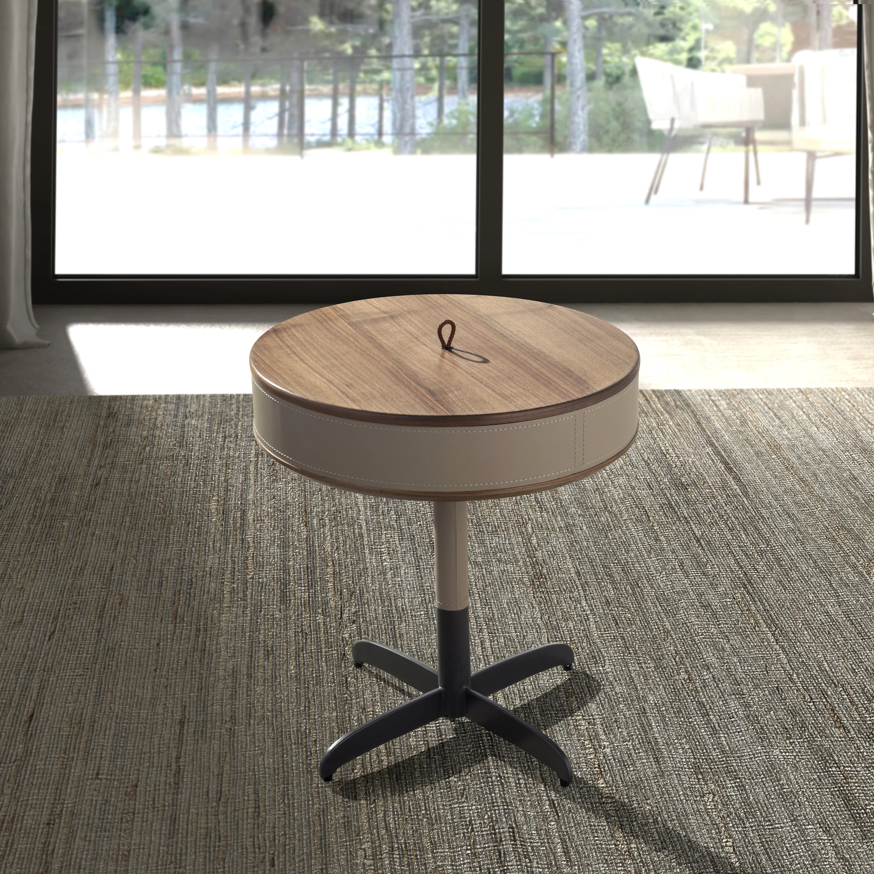 Table d'angle ronde en similicuir, noyer et acier gris