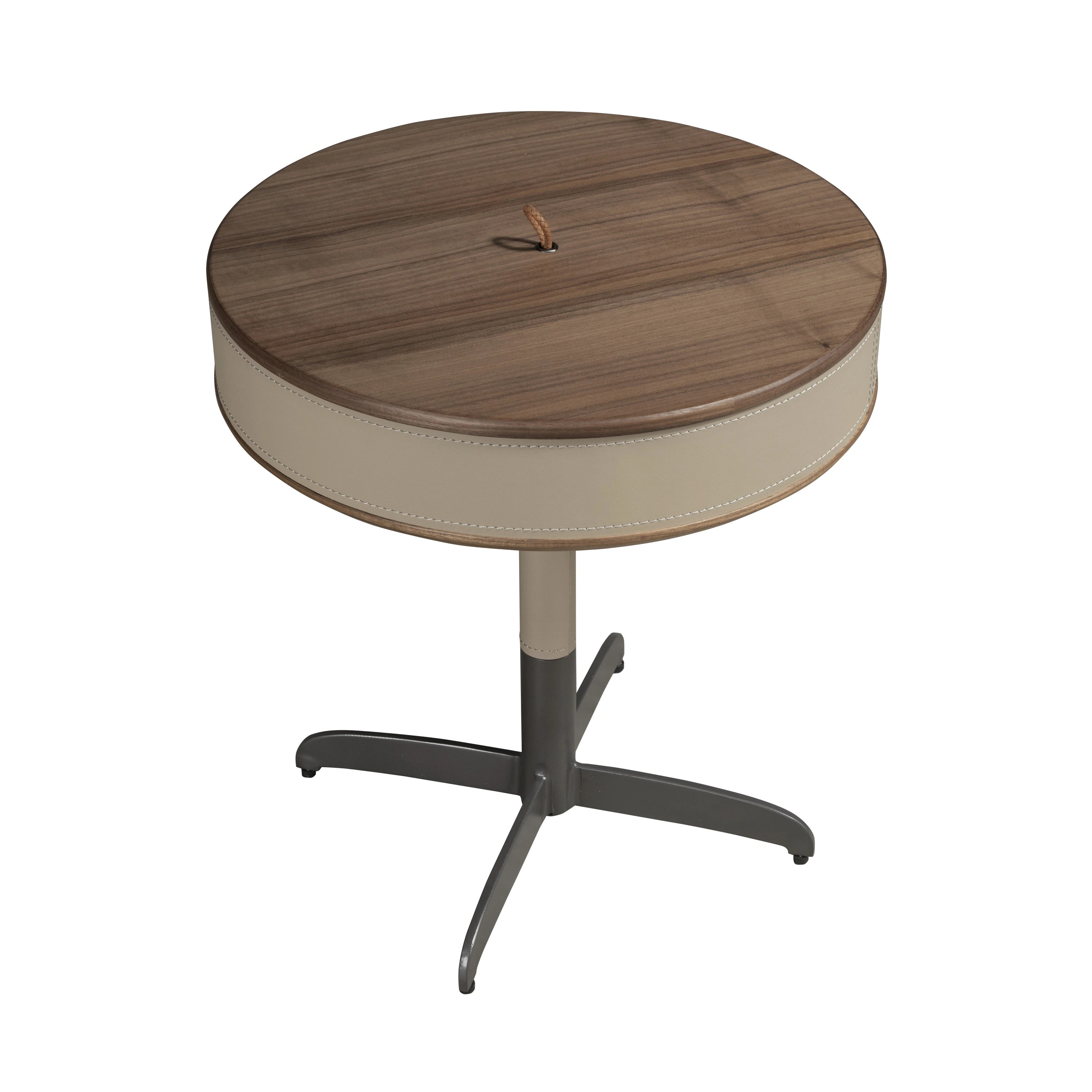 Table d'angle ronde en similicuir, noyer et acier gris