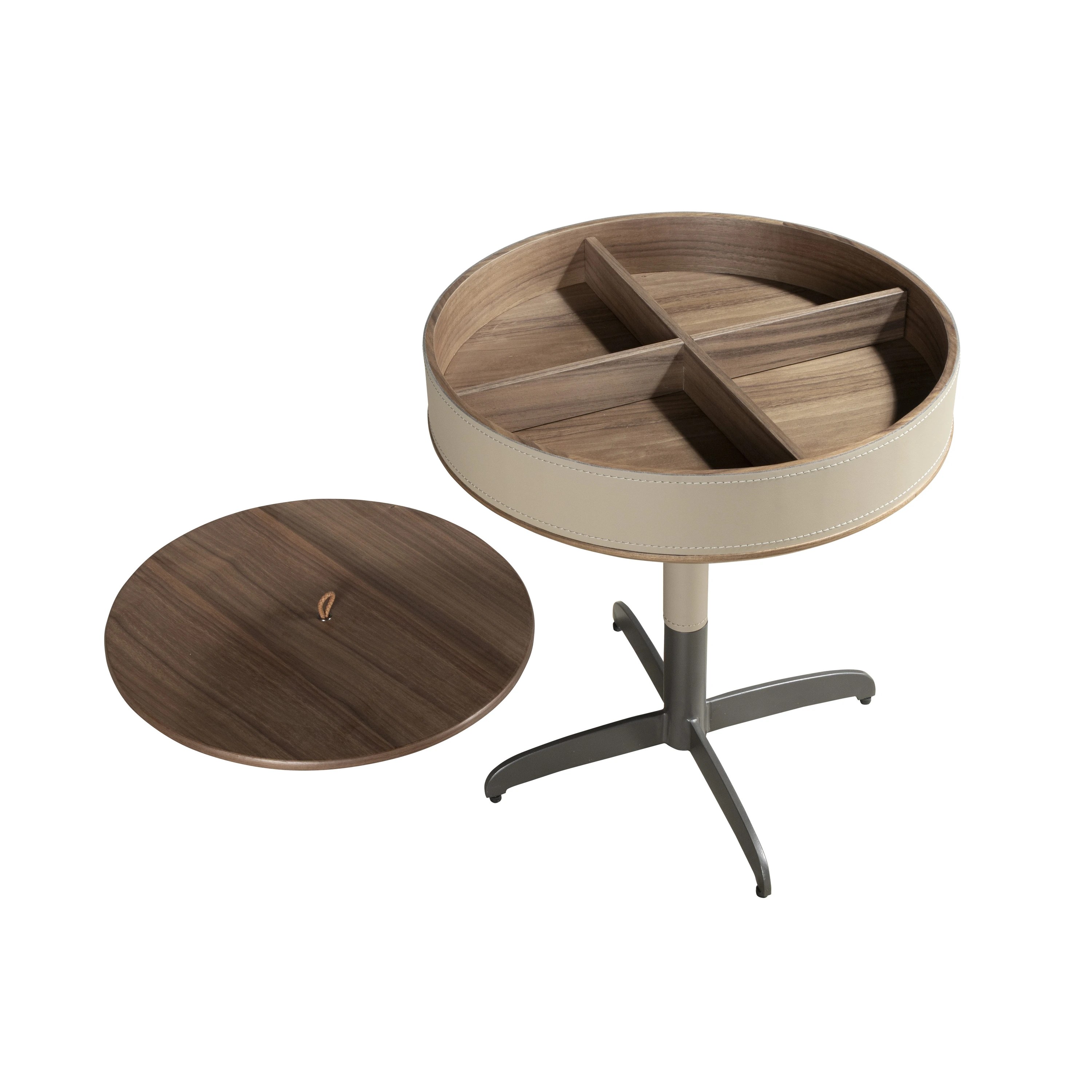 Table d'angle ronde en similicuir, noyer et acier gris