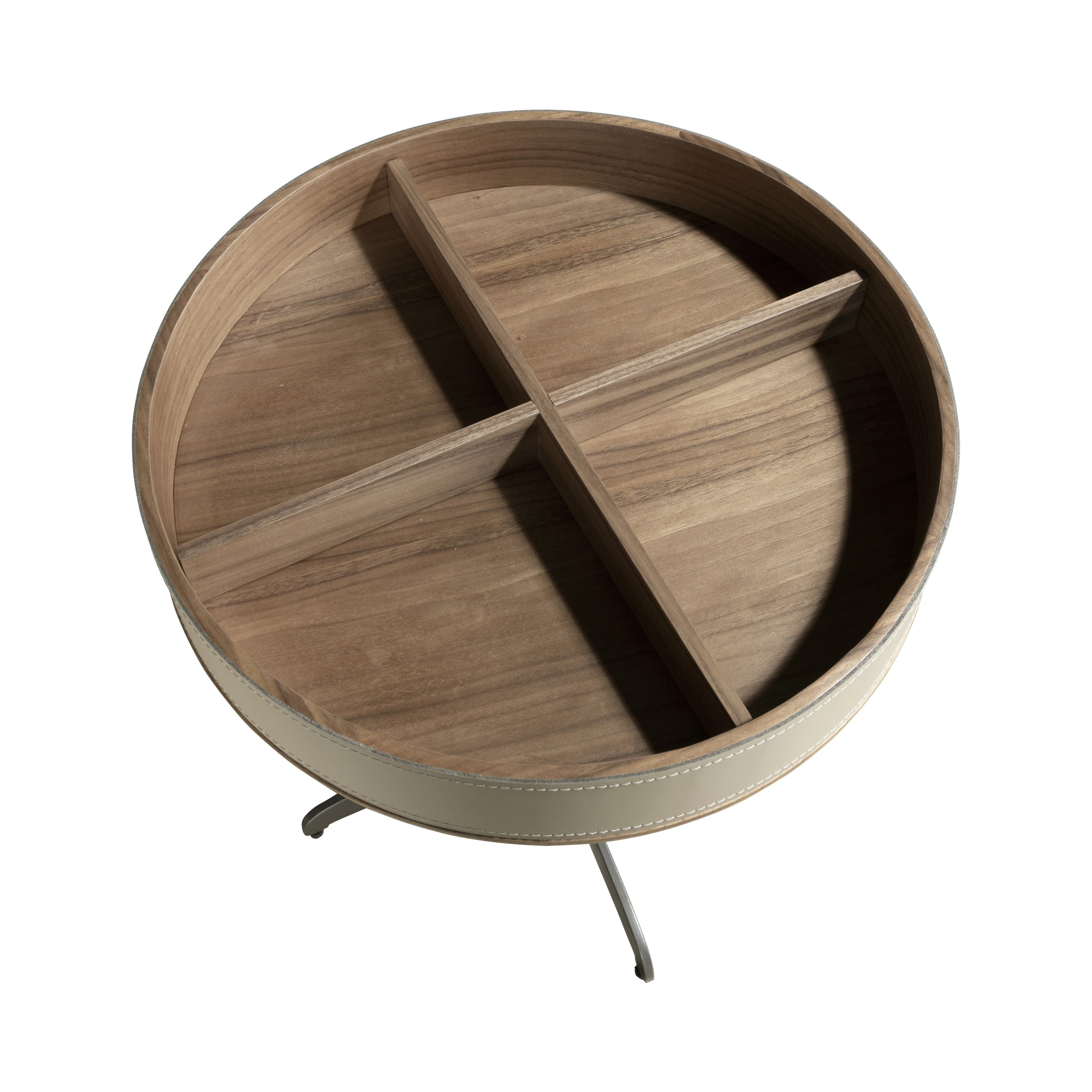 Table d'angle ronde en similicuir, noyer et acier gris