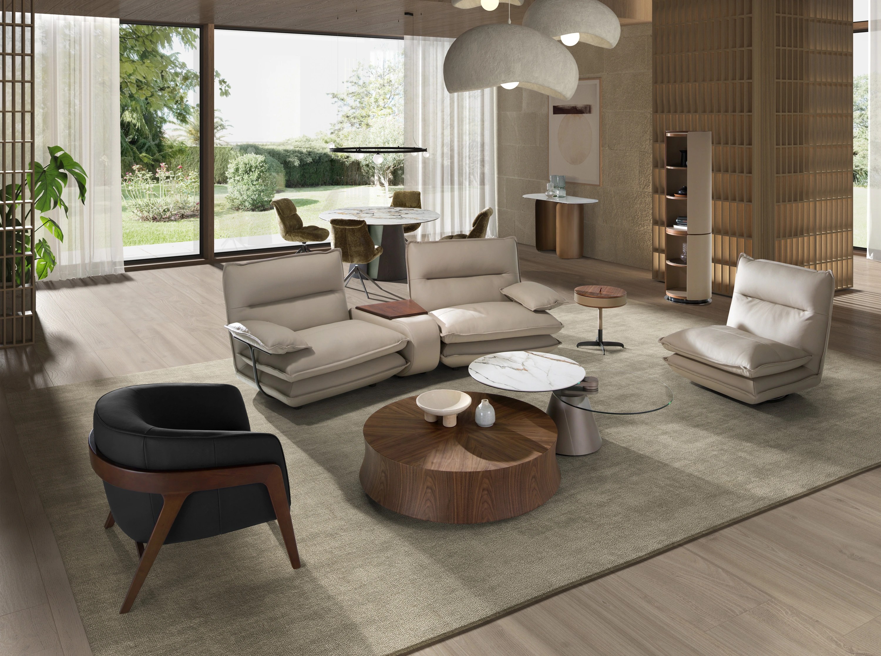 Table d'angle ronde en similicuir, noyer et acier gris