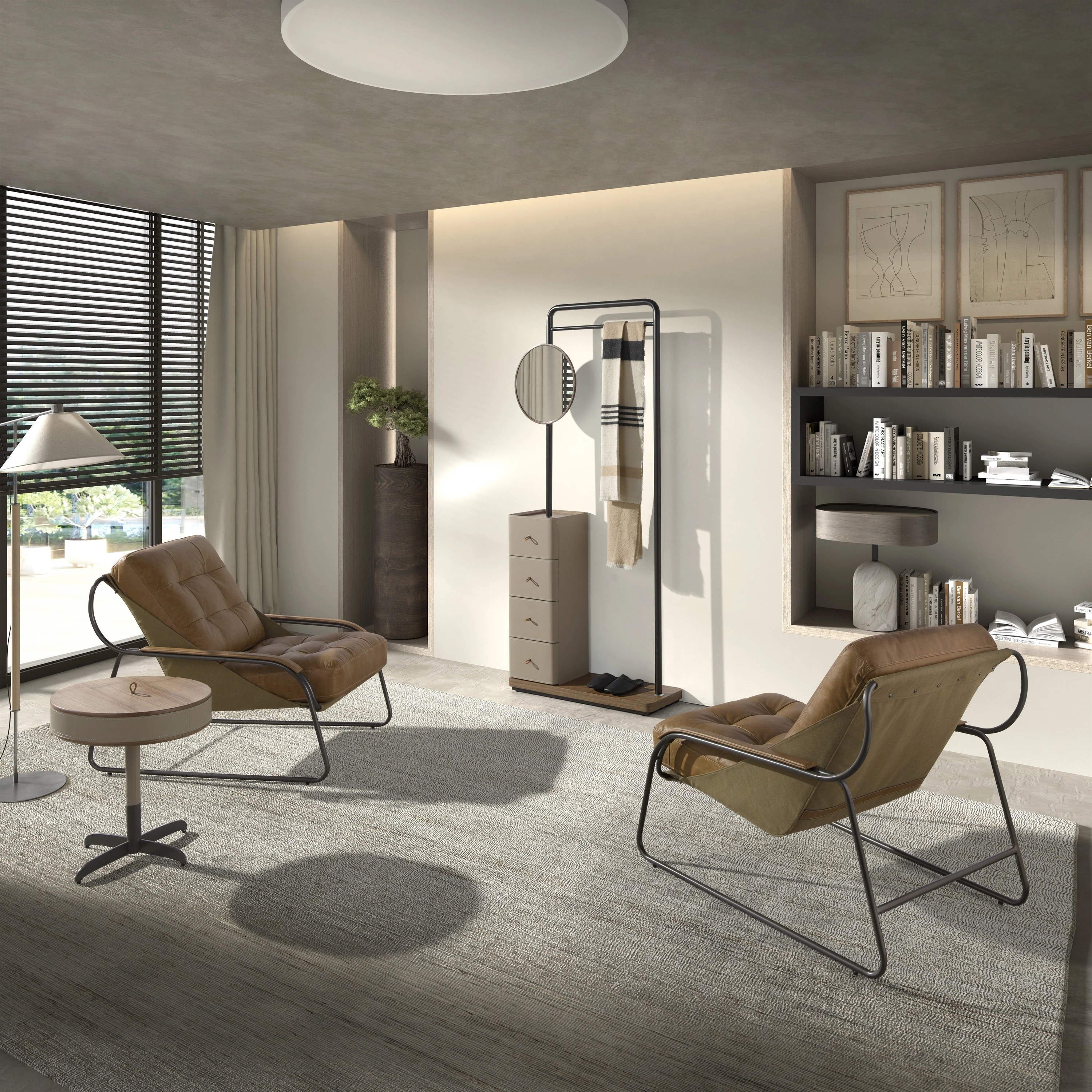 Table d'angle ronde en similicuir, noyer et acier gris