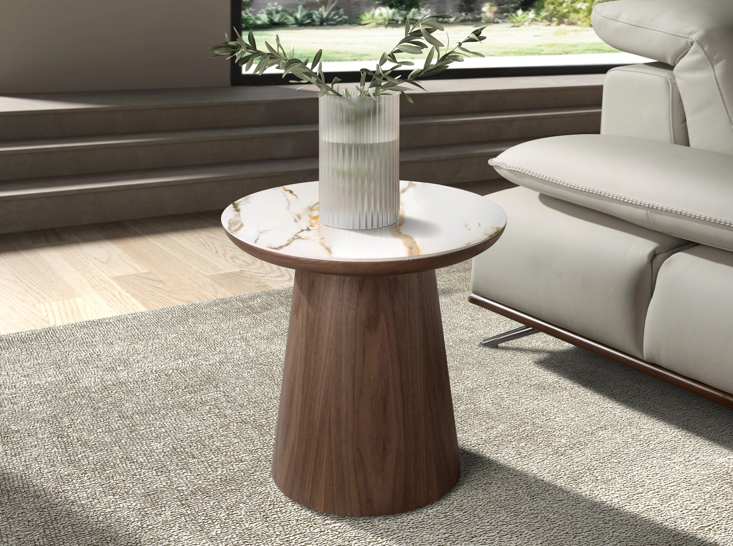 Table d'angle ronde en porcelaine et noyer