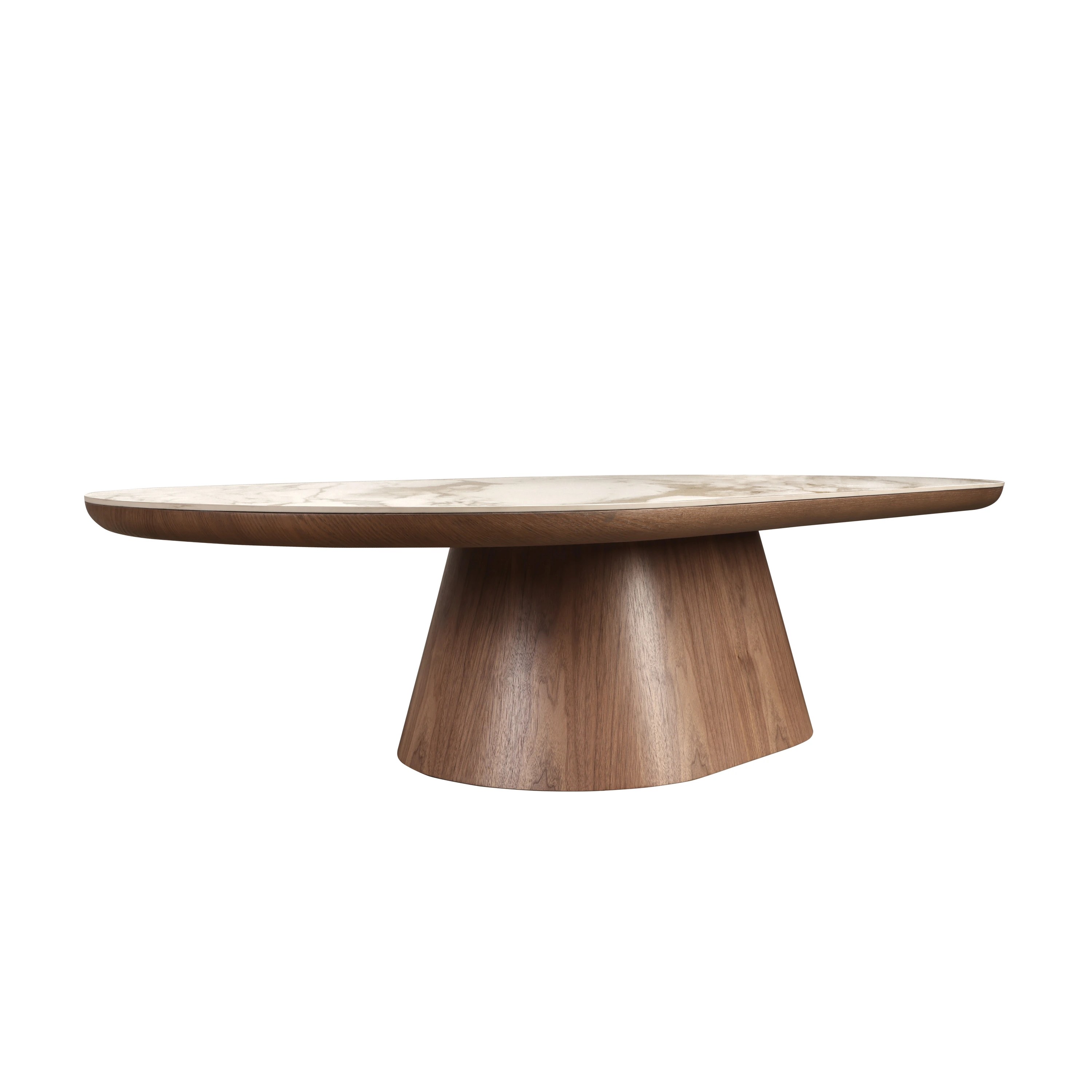Table basse ovale demi-ronde en porcelaine et noyer