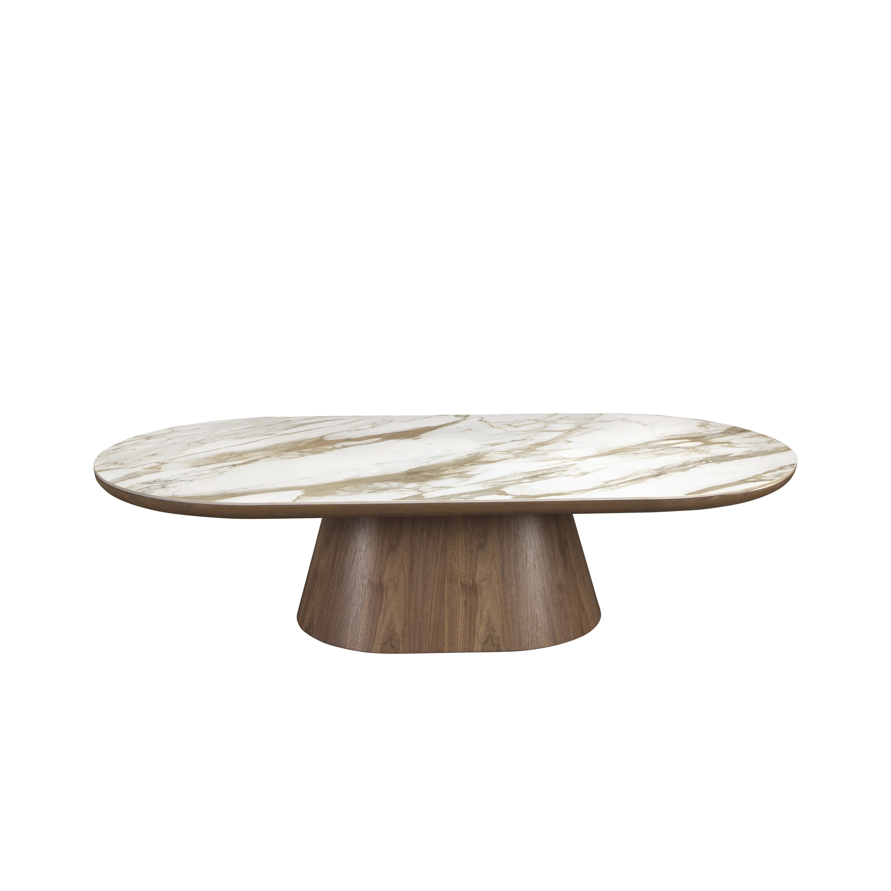Table basse ovale demi-ronde en porcelaine et noyer