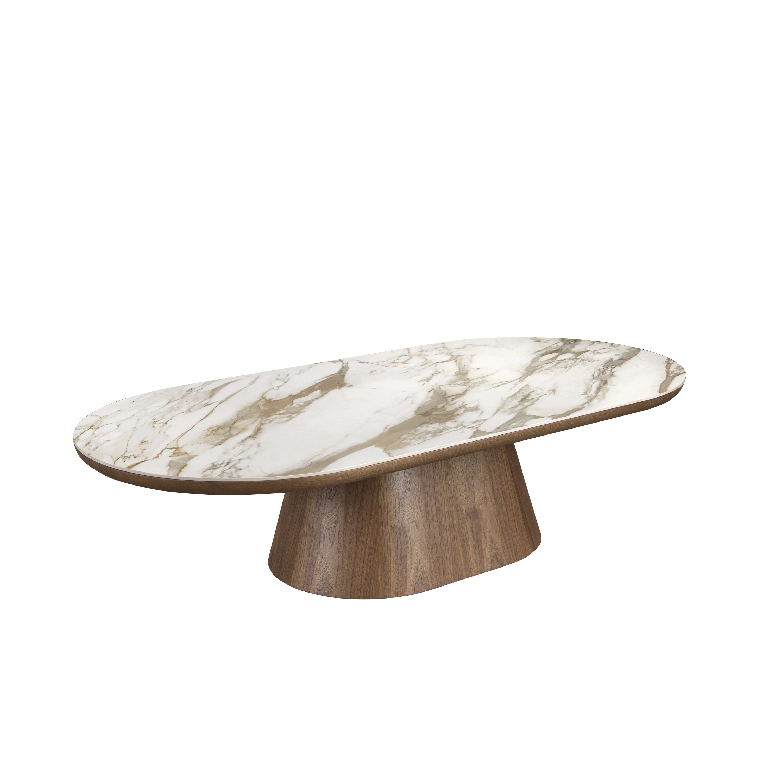 Table basse ovale demi-ronde en porcelaine et noyer