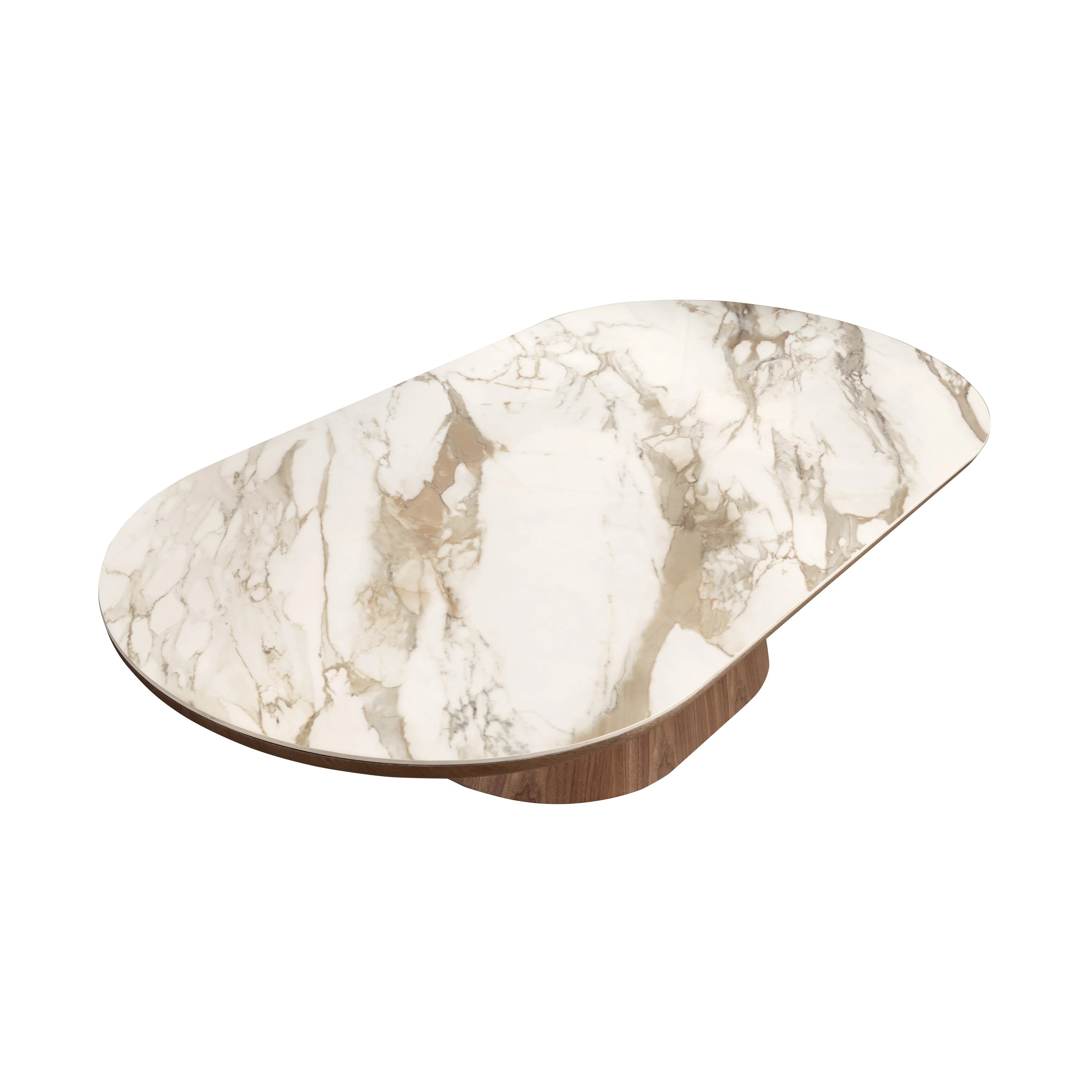 Table basse ovale demi-ronde en porcelaine et noyer