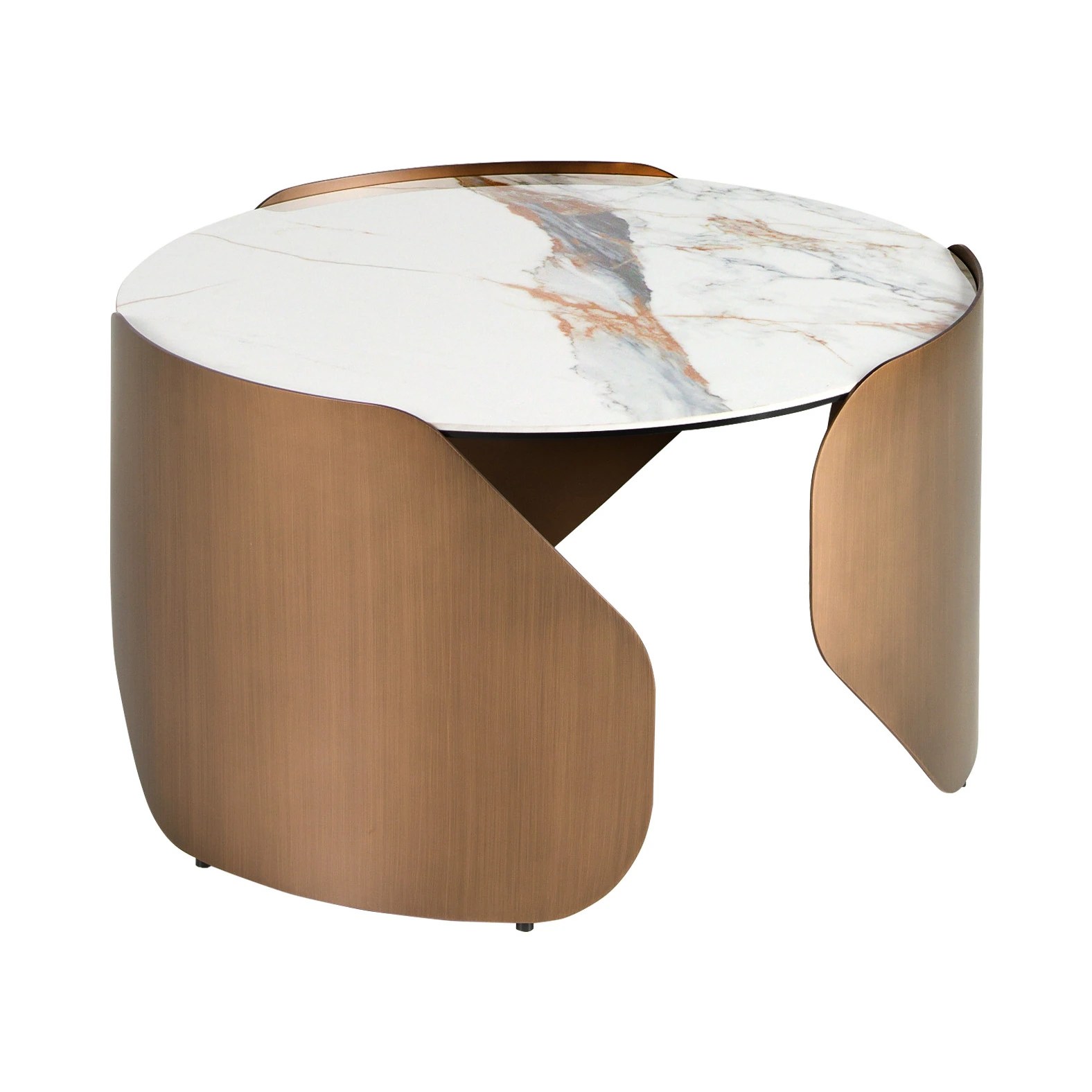 Table basse ronde en marbre porcelainé et acier couleur bronze