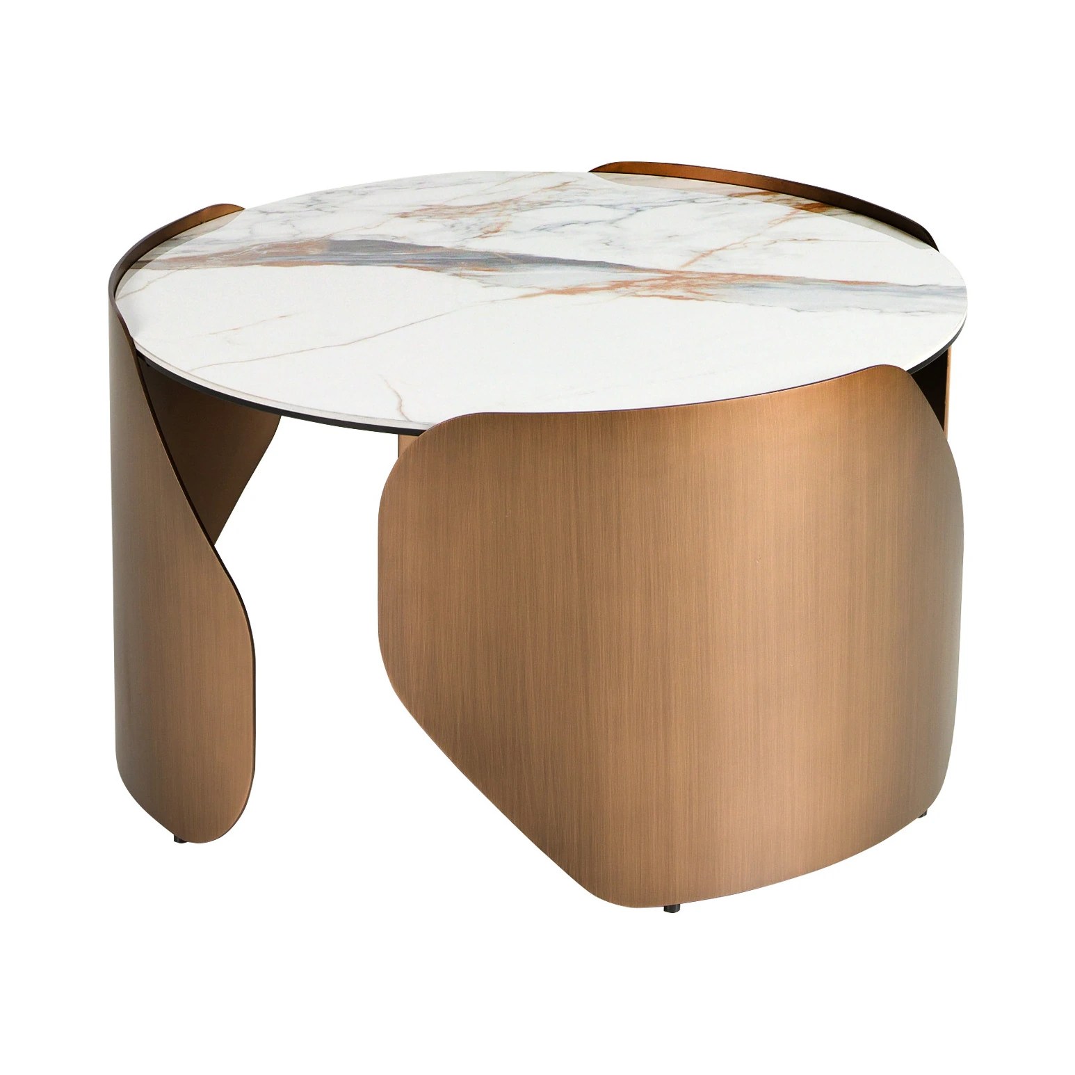 Table basse ronde en marbre porcelainé et acier couleur bronze