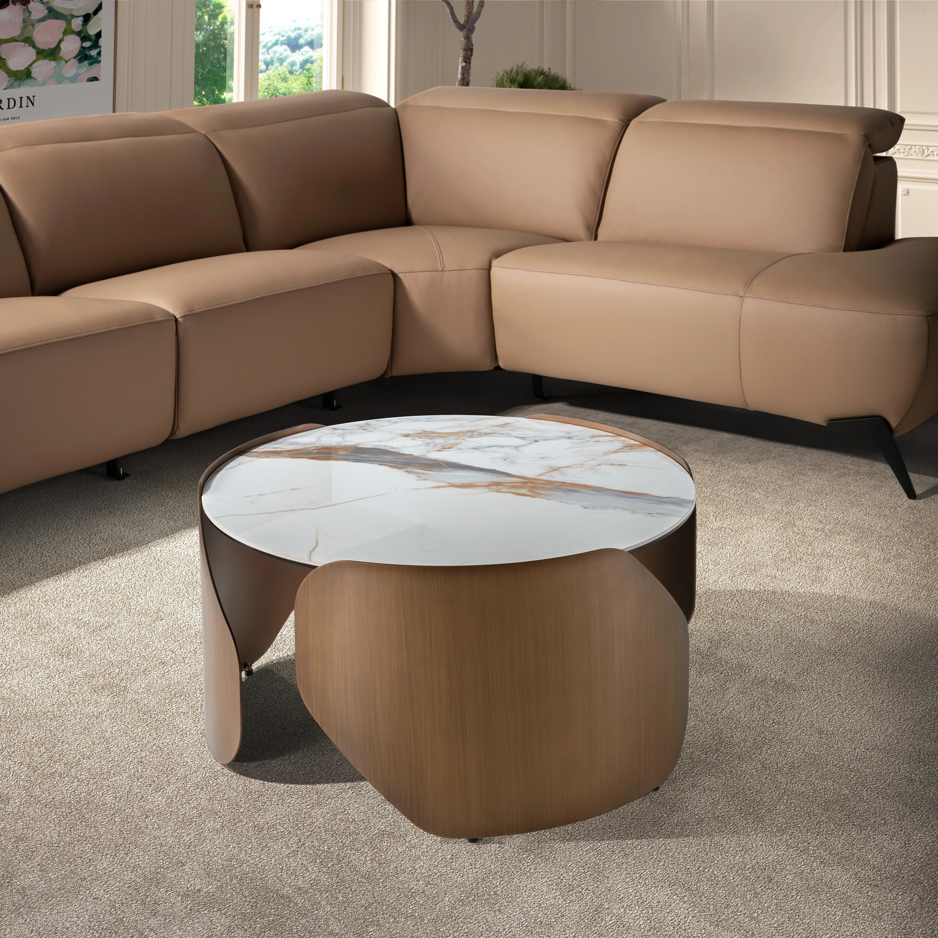 Table basse ronde en marbre porcelainé et acier couleur bronze