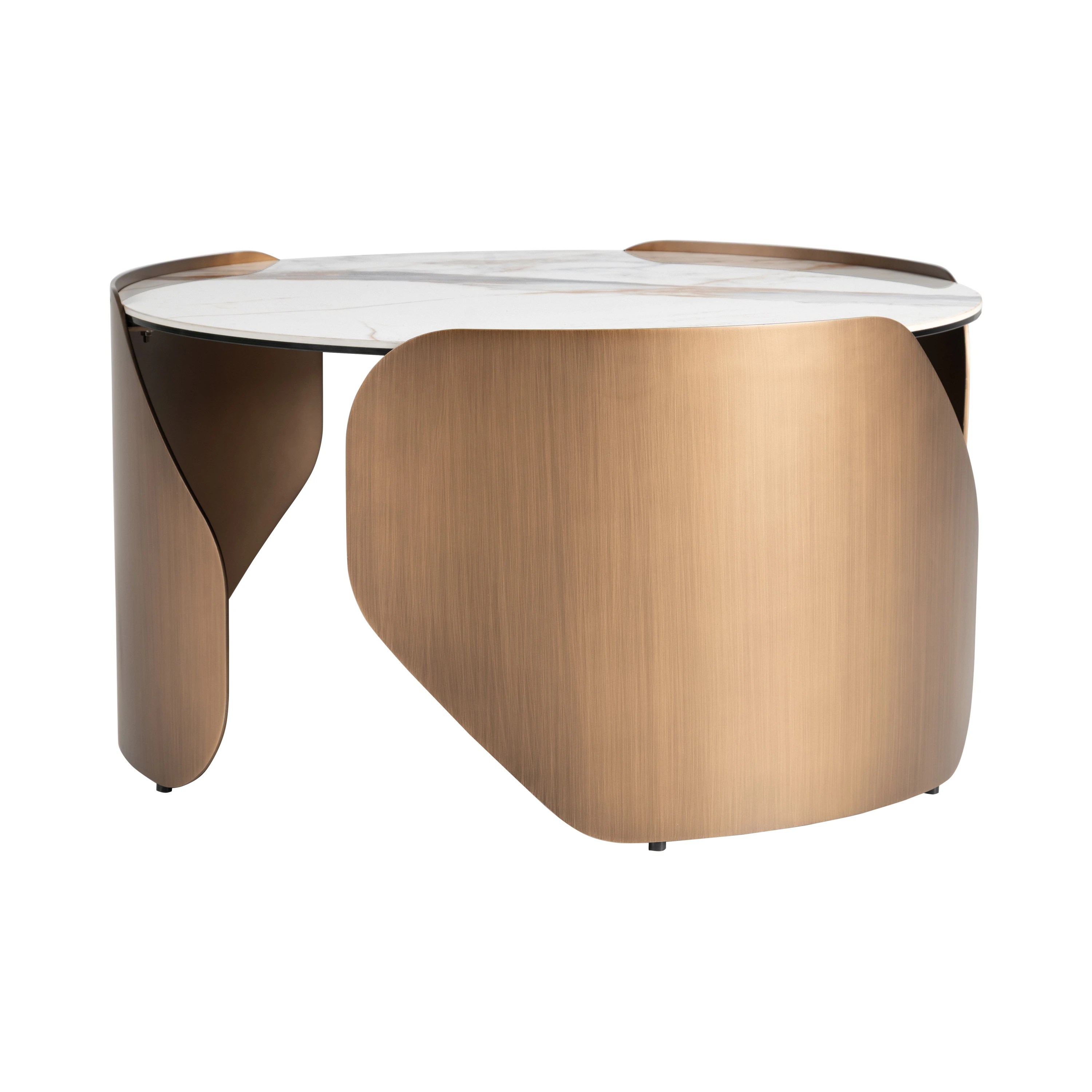 Table basse ronde en marbre porcelainé et acier couleur bronze