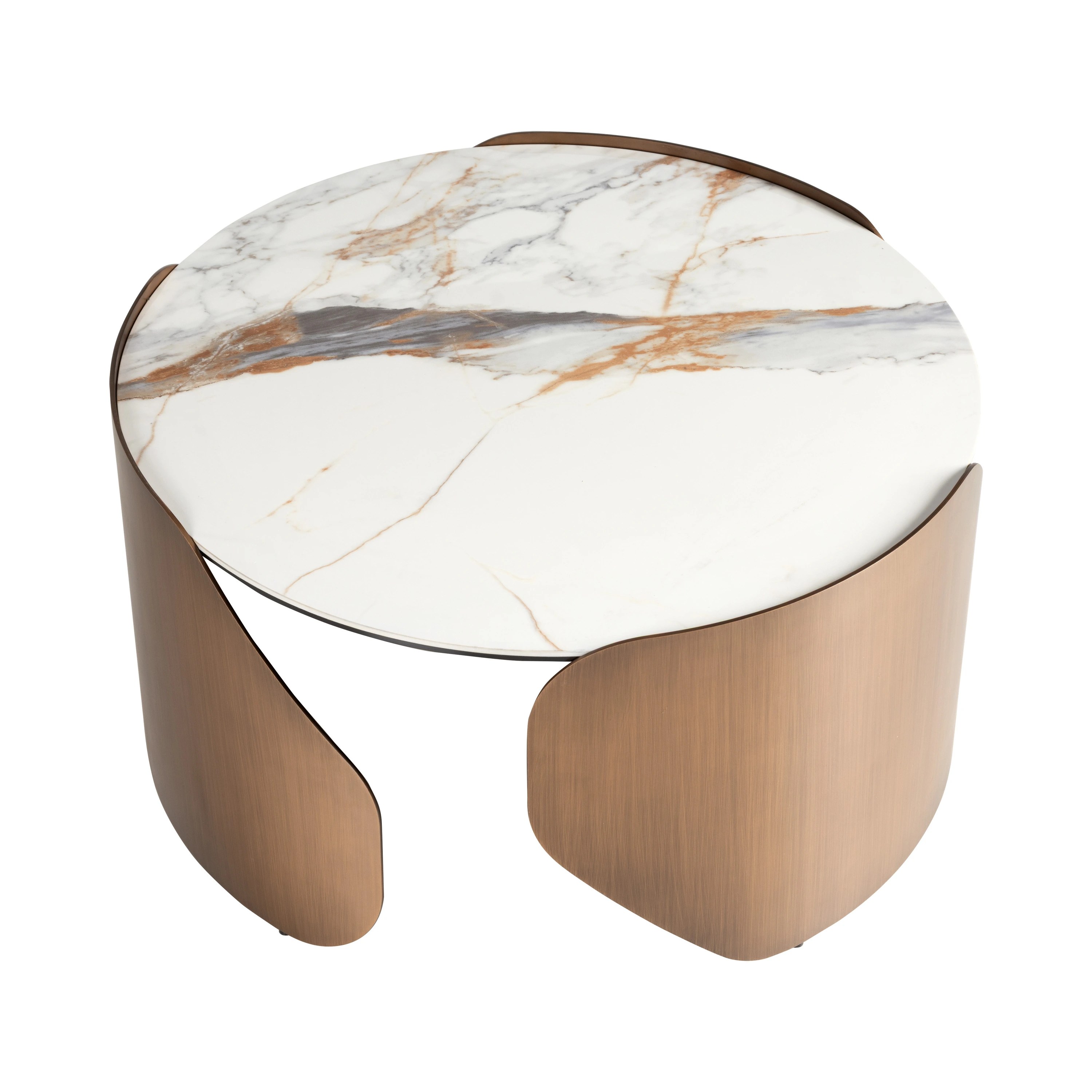 Table basse ronde en marbre porcelainé et acier couleur bronze