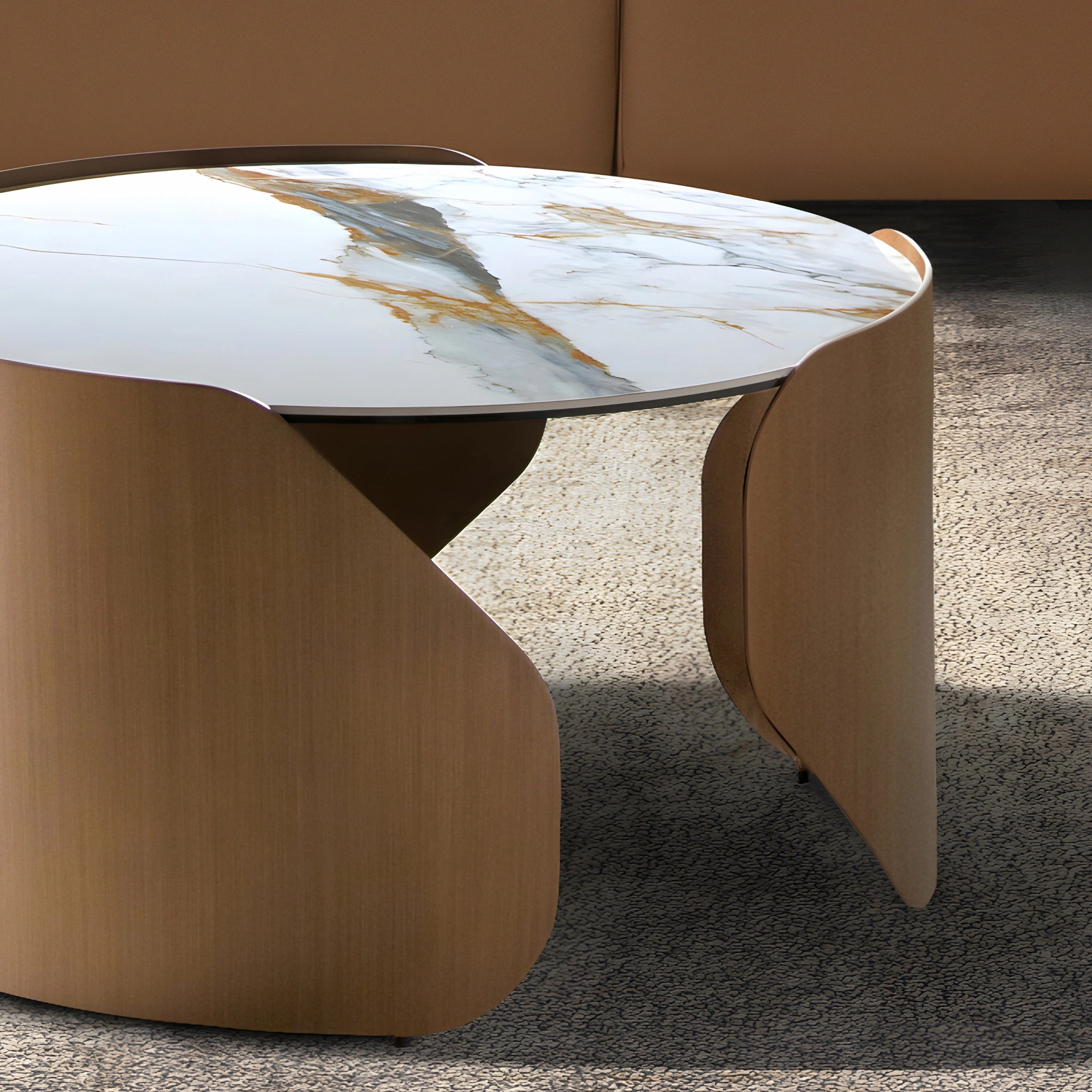 Table basse ronde en marbre porcelainé et acier couleur bronze
