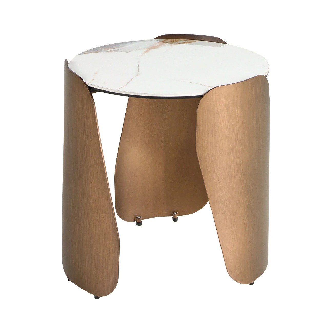 Table d'angle ronde en marbre porcelainé et acier couleur bronze