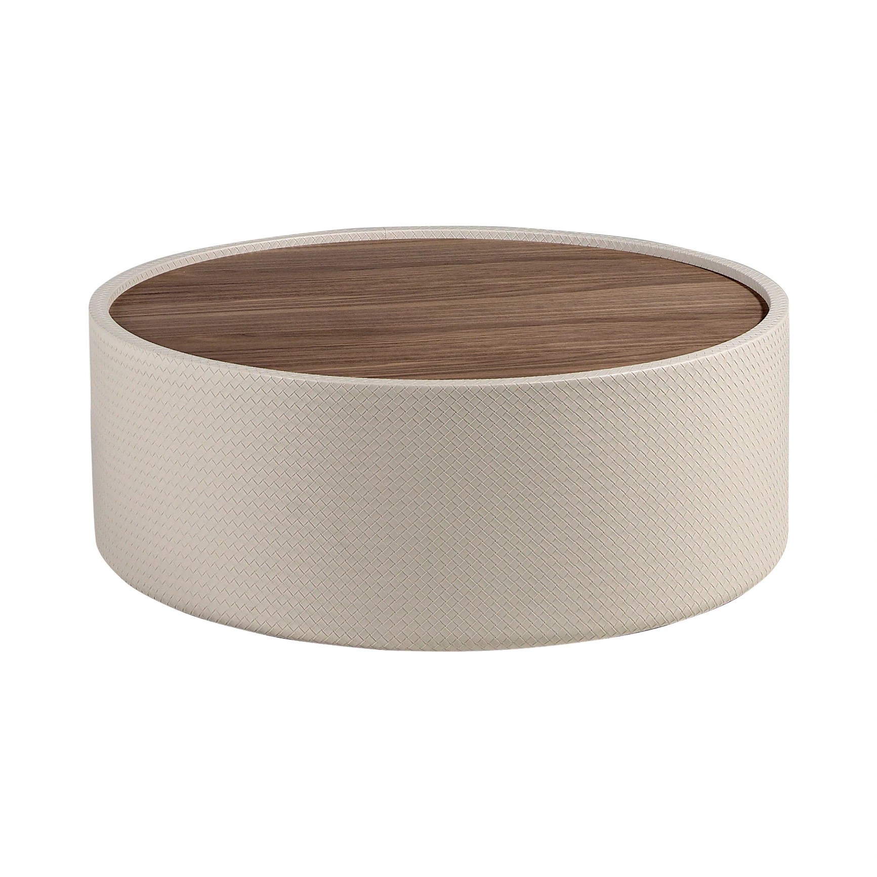Table basse ronde en noyer et bois rembourré en similicuir couleur sable