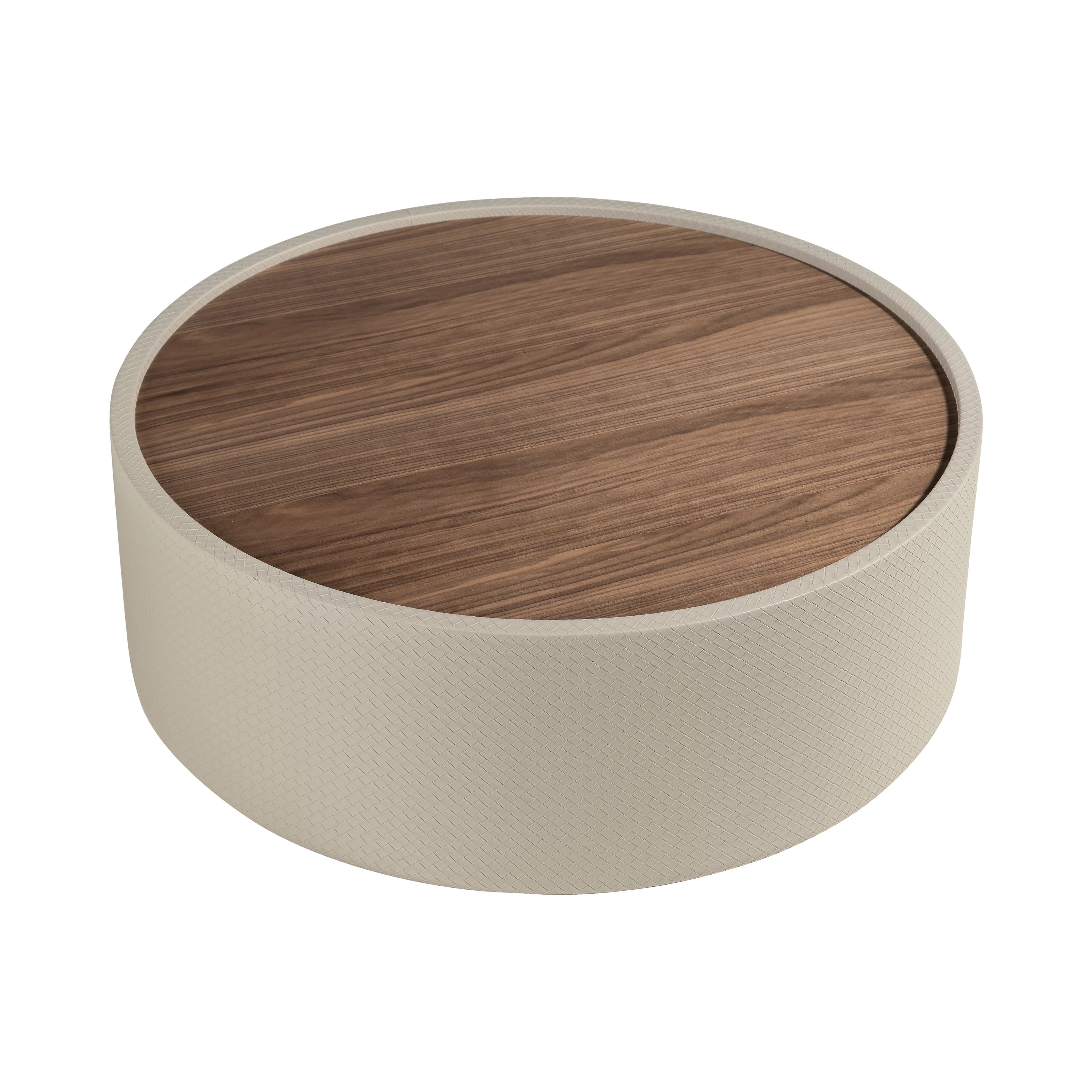 Table basse ronde en noyer et bois rembourré en similicuir couleur sable