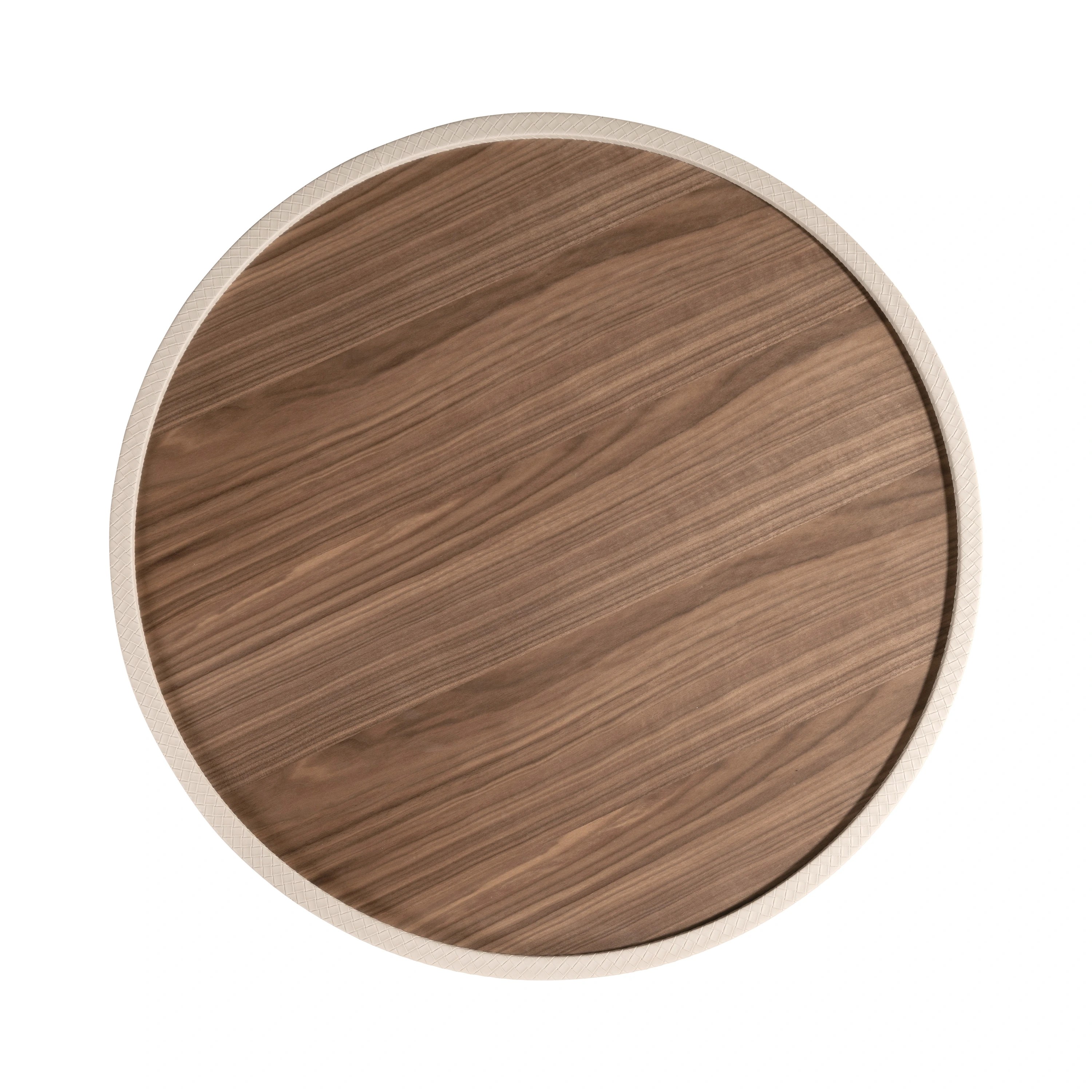 Table basse ronde en noyer et bois rembourré en similicuir couleur sable