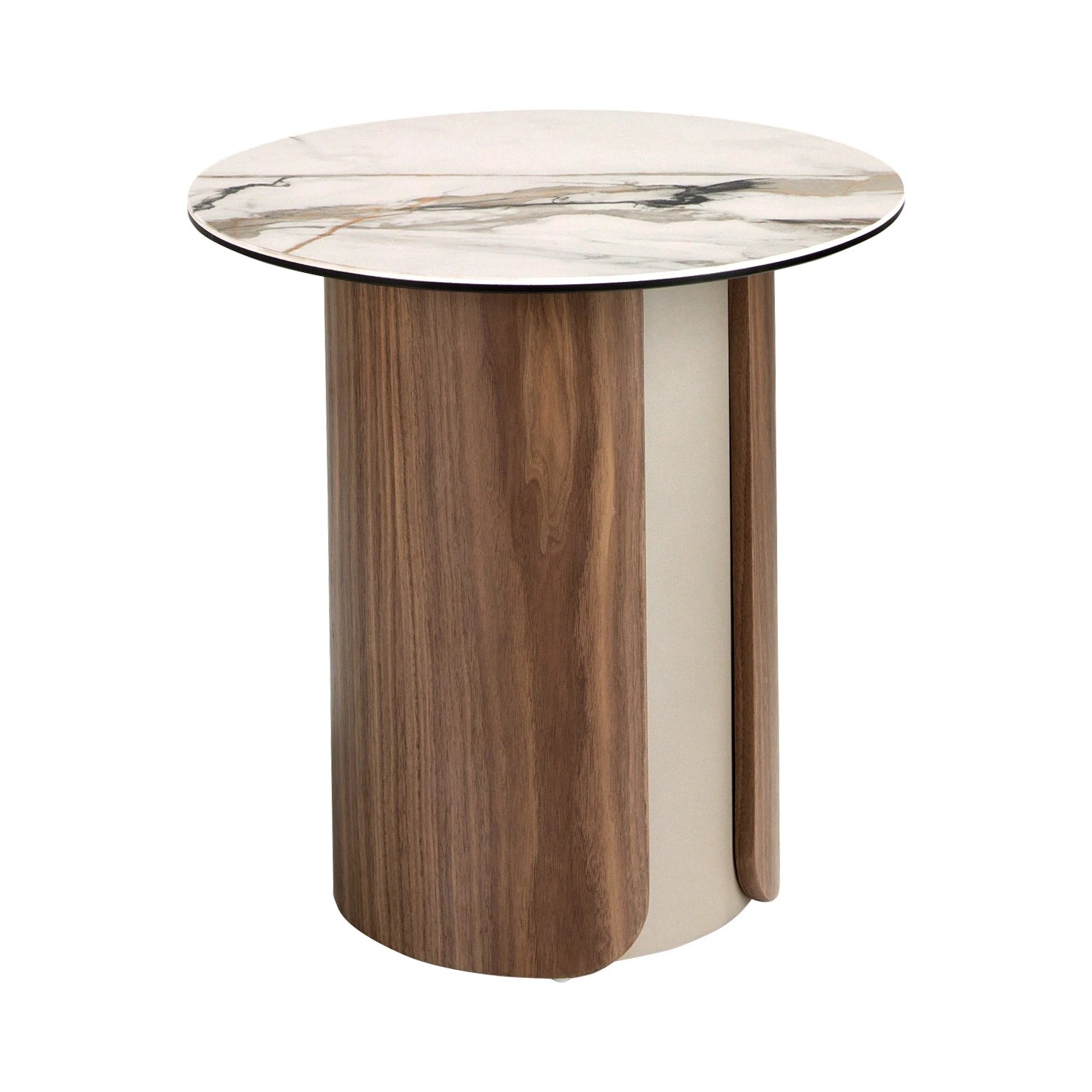 Table d'angle ronde en marbre porcelainé, acier sable métallisé et noyer