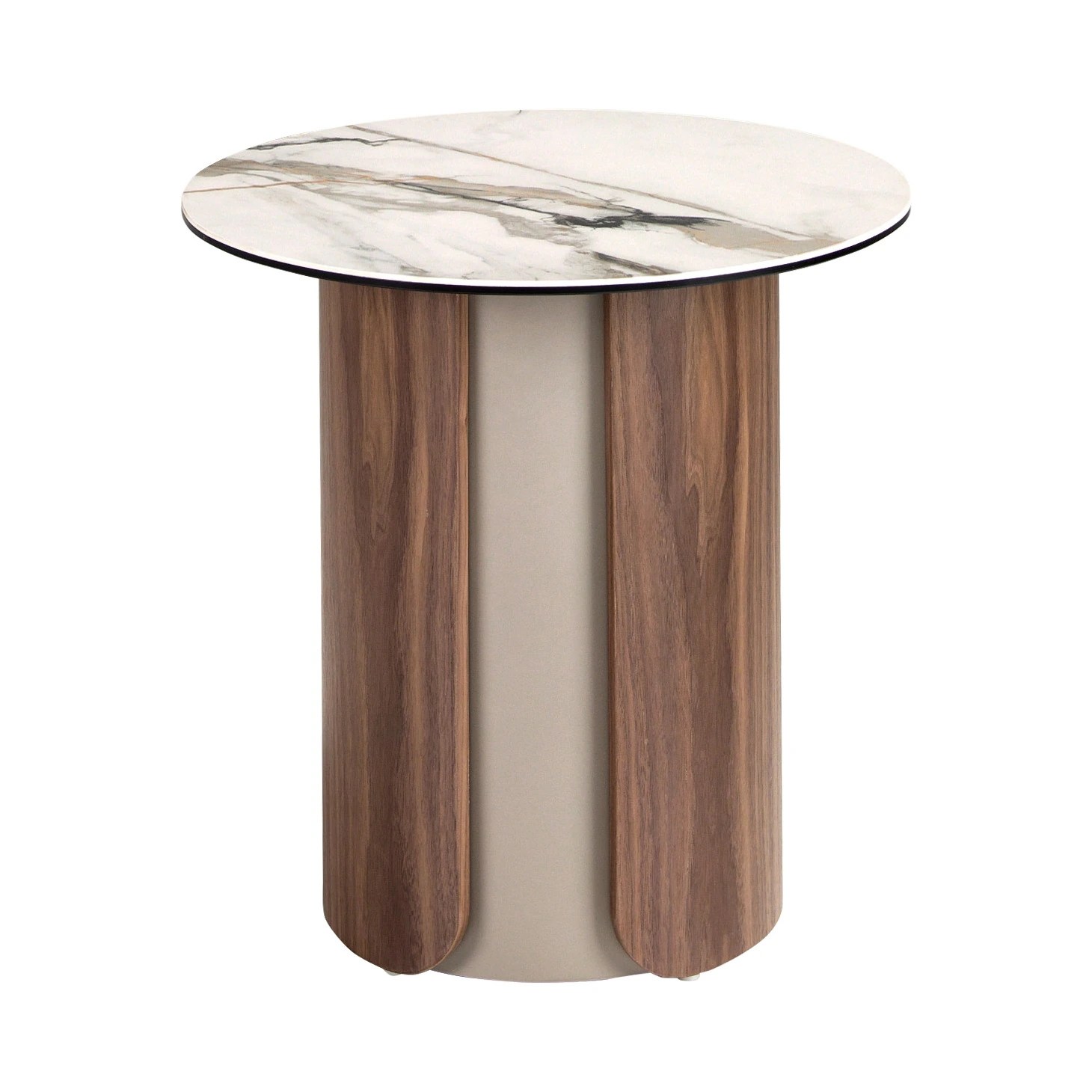 Table d'angle ronde en marbre porcelainé, acier sable métallisé et noyer