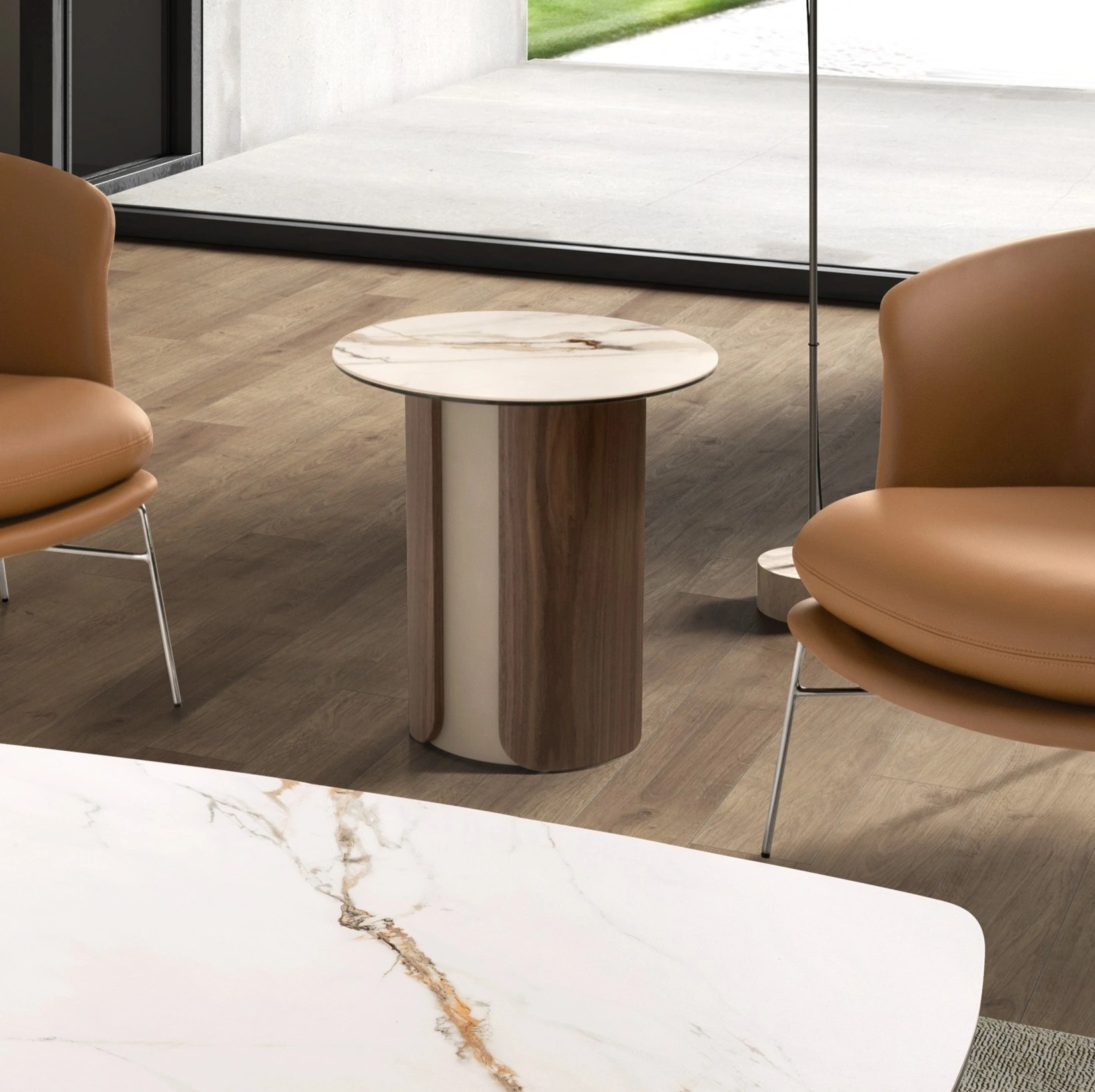 Table d'angle ronde en marbre porcelainé, acier sable métallisé et noyer