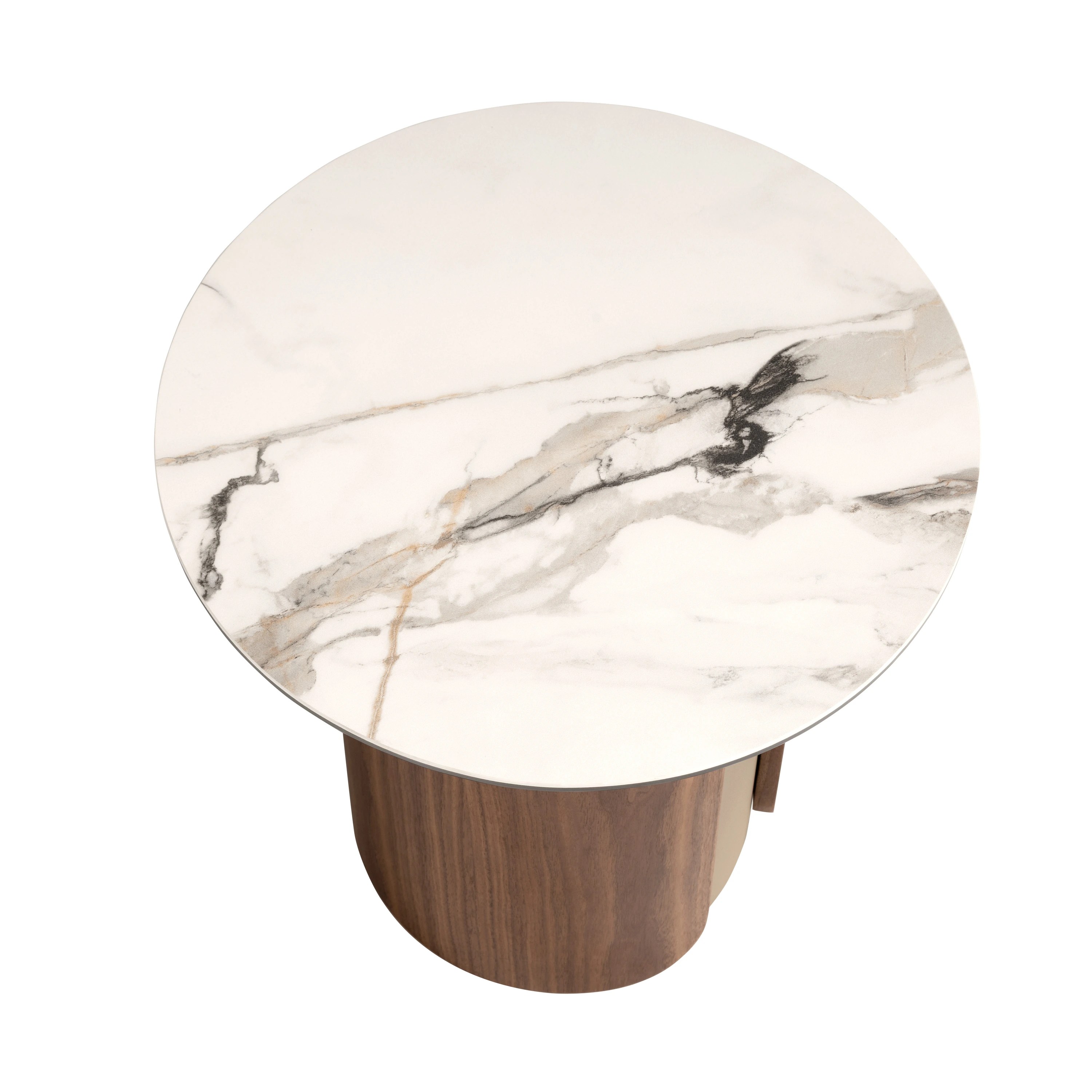Table d'angle ronde en marbre porcelainé, acier sable métallisé et noyer