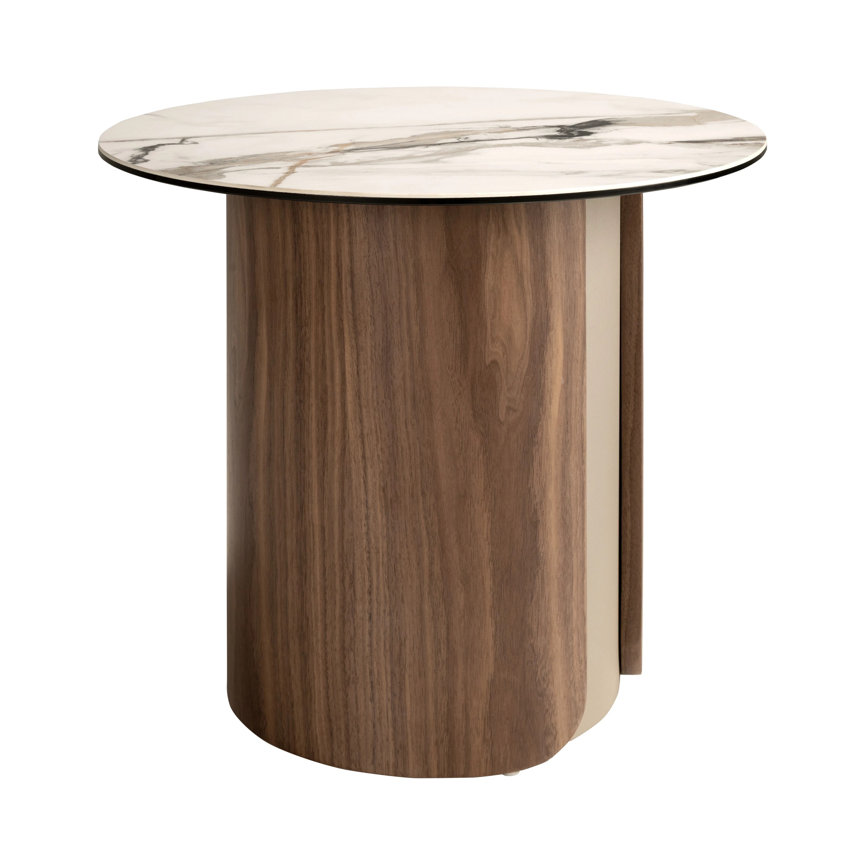 Table d'angle ronde en marbre porcelainé, acier sable métallisé et noyer