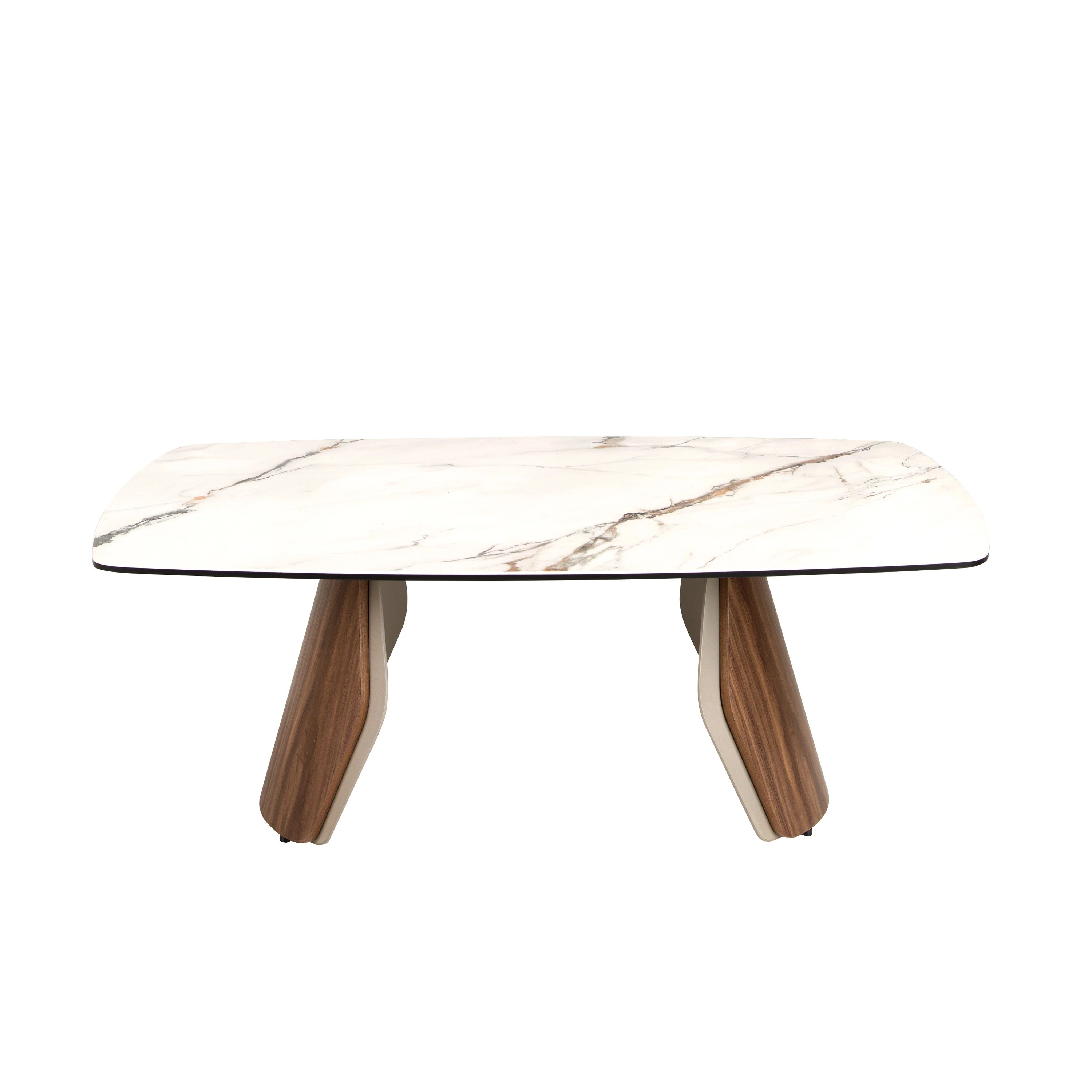 Table basse ovale en marbre porcelainé, acier sable métallisé et noyer