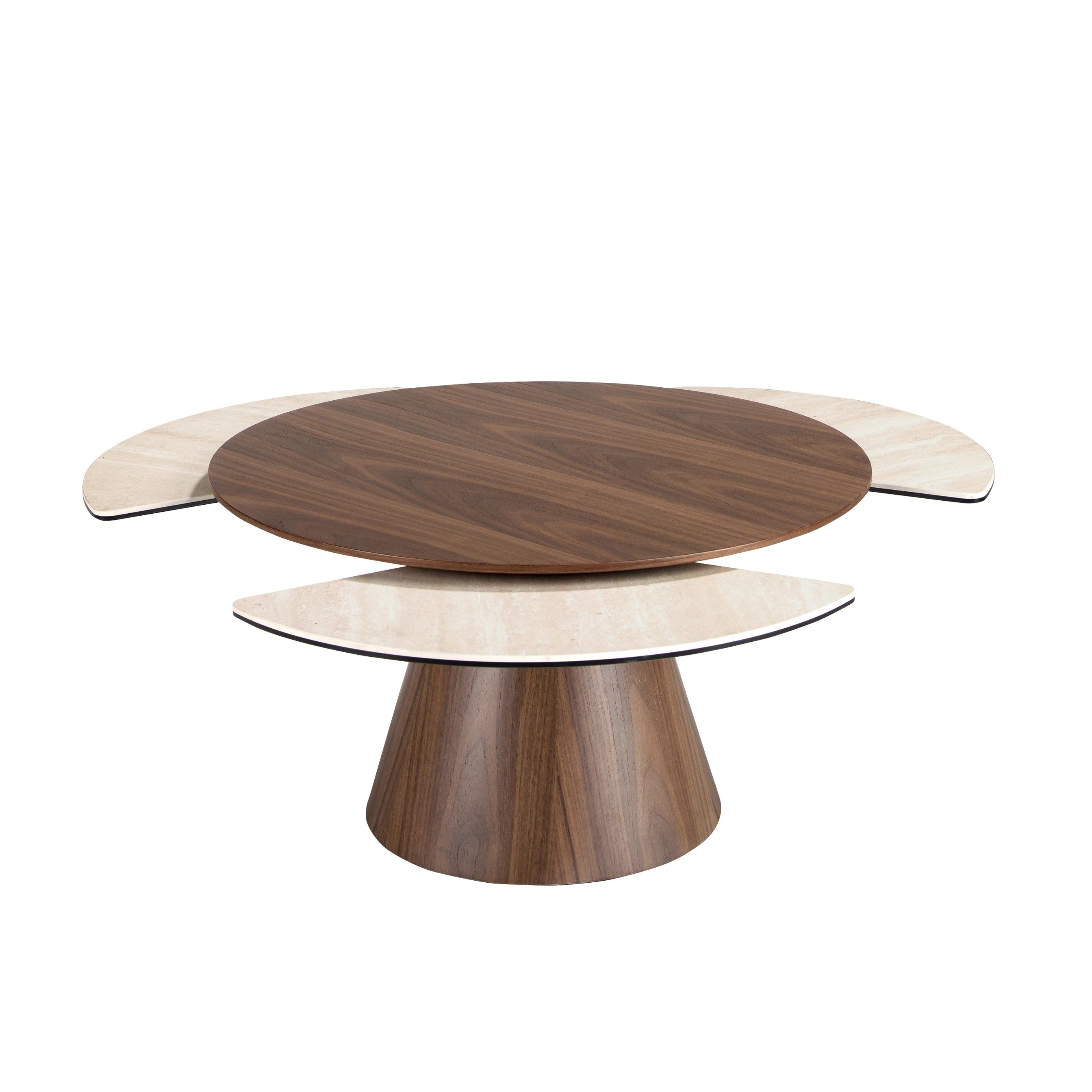 Table basse extensible ronde en noyer et marbre porcelainé